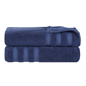 Zero Twist Cotton Ribbed Geometric Border Plush Bath Sheet -  Navy Blue