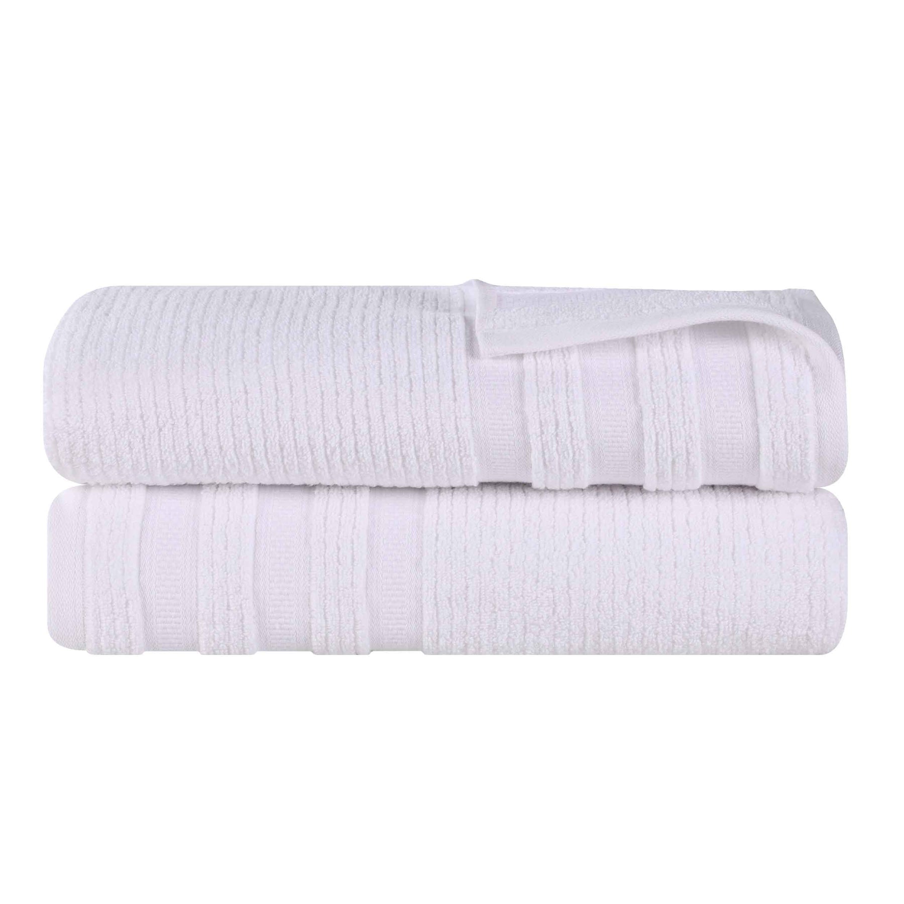 Zero Twist Cotton Ribbed Geometric Border Plush Bath Sheet - White