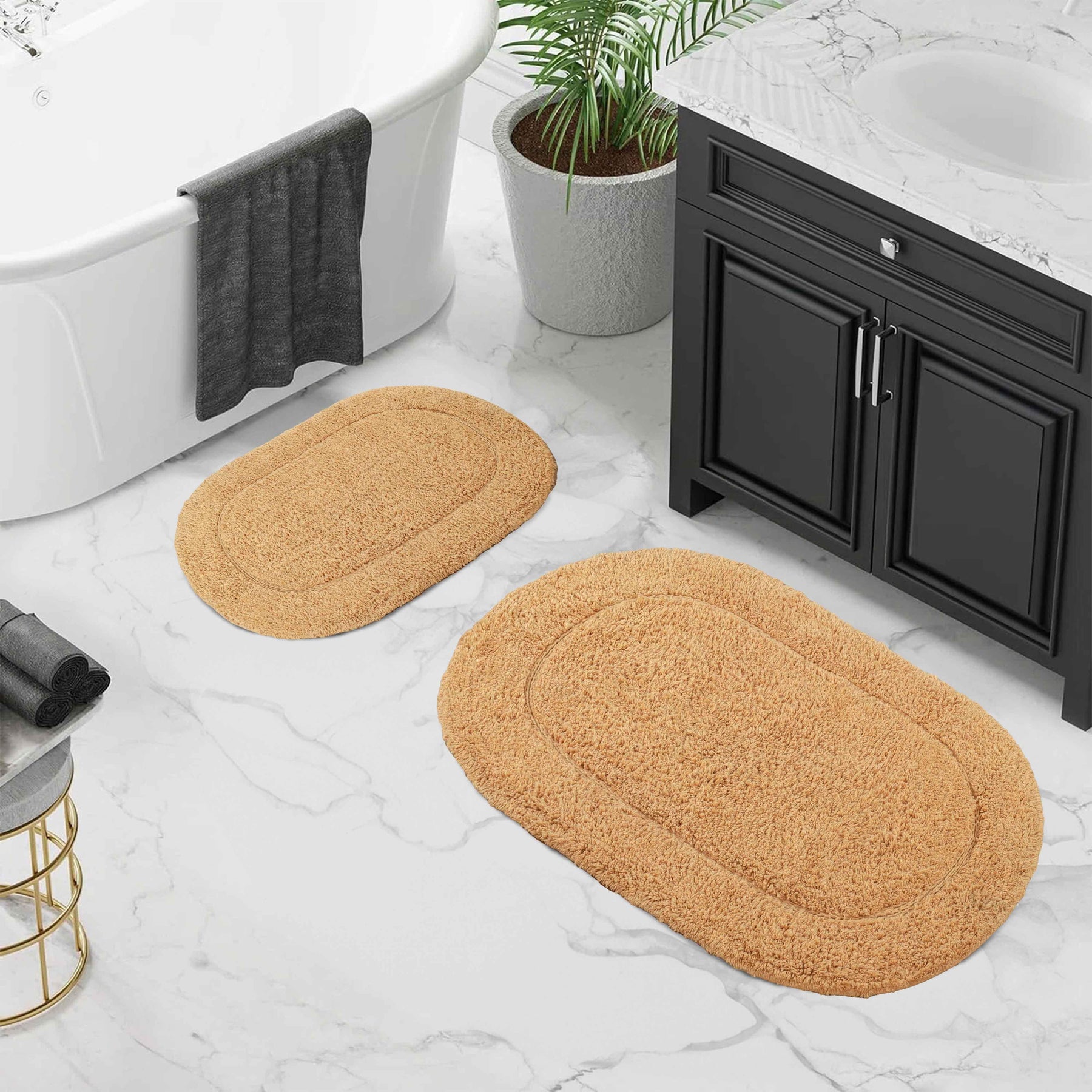 Cotton Non Slip Oval 2 Piece Bath Rug Set - Toast