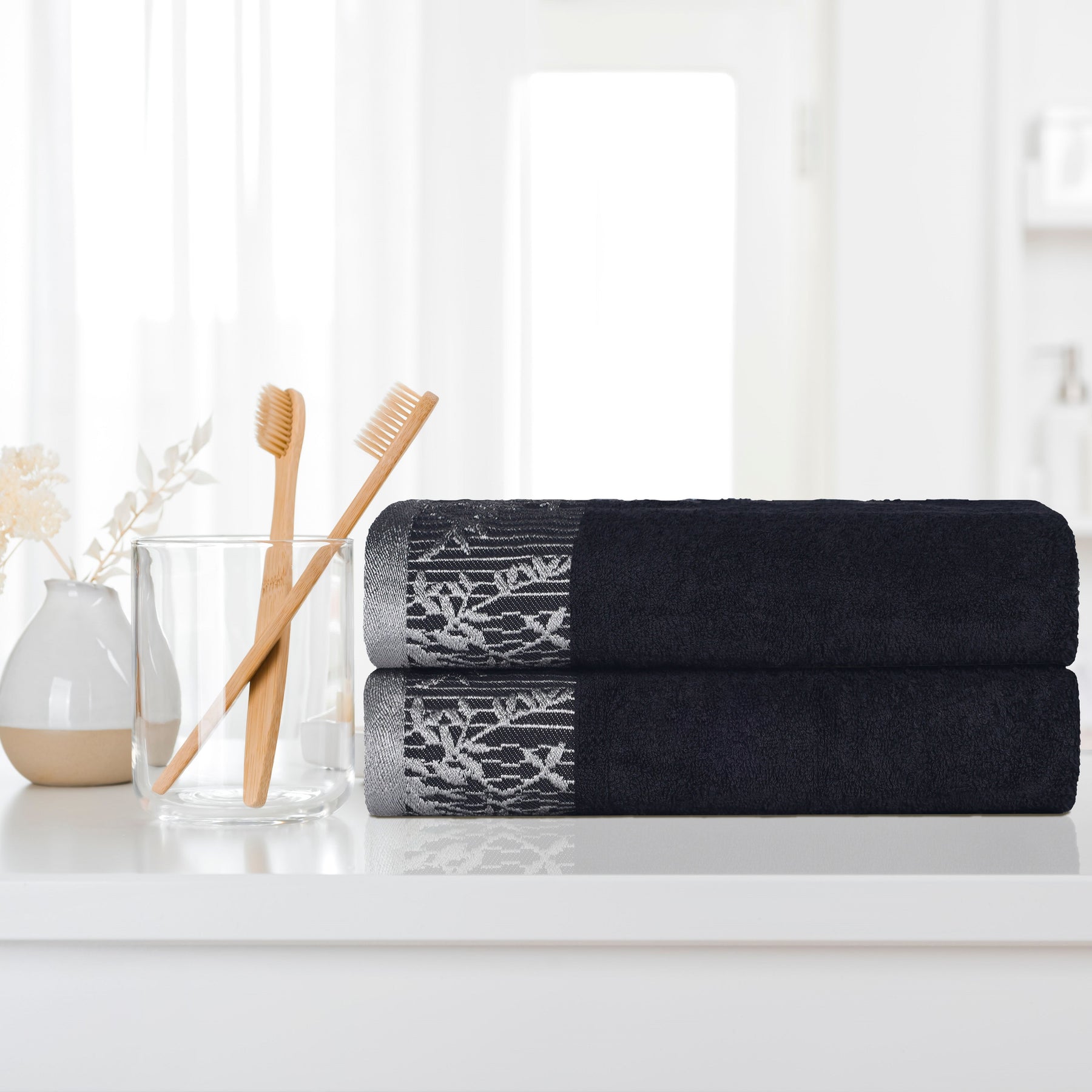Superior Wisteria Cotton Floral Jacquard Border Bath Towels  - Black