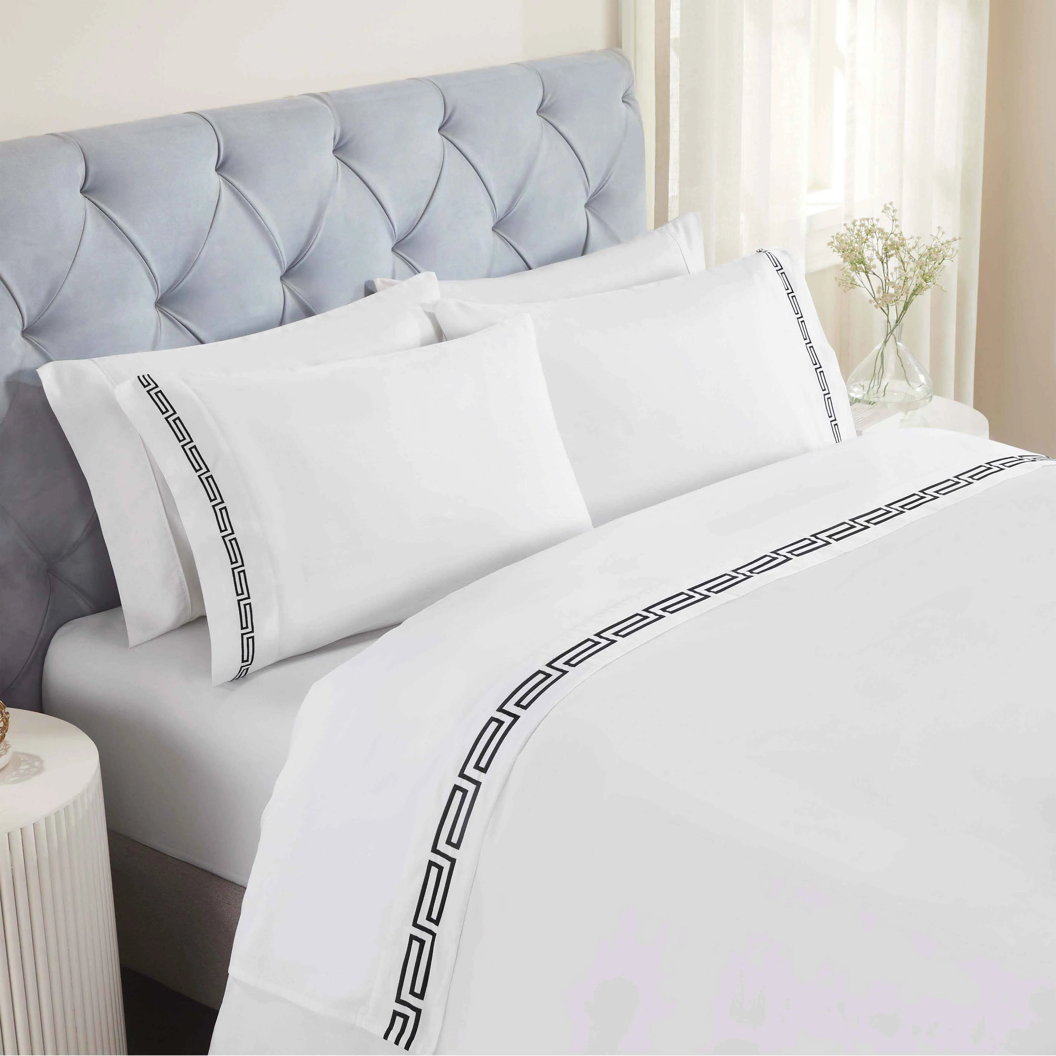 100% Cotton Bed Sheet Set Greek Key Embroidered Deep Pocket Harrison - Sheet Set by Superior Brand