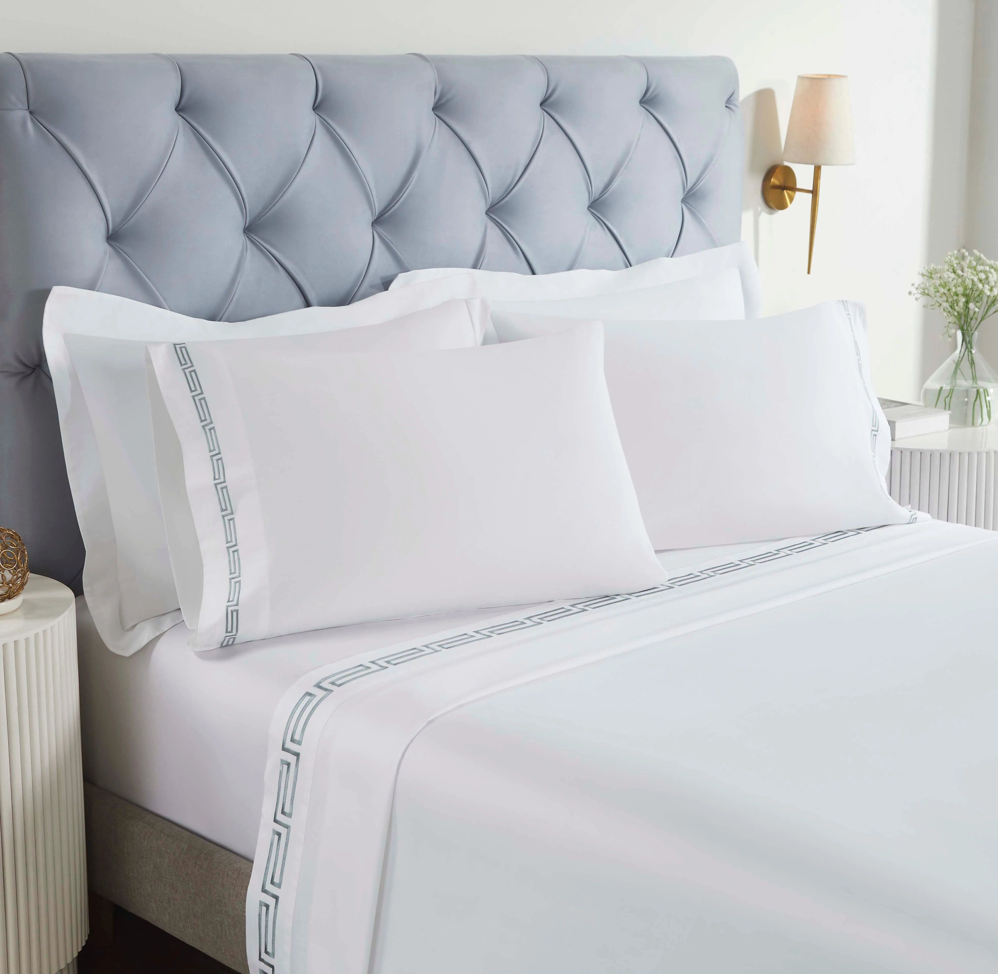 100% Cotton Bed Sheet Set Greek Key Embroidered Deep Pocket Harrison - Sheet Set by Superior Brand
