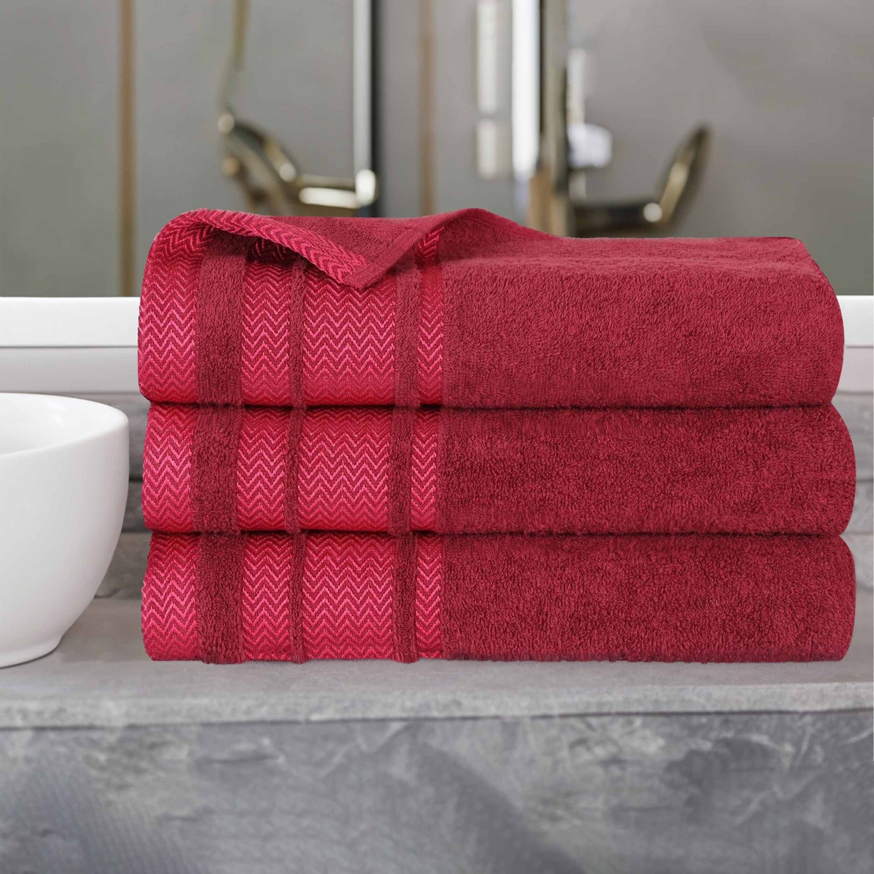 Zero Twist Cotton Dobby Border Plush Absorbent Bath Towel - Cranberry