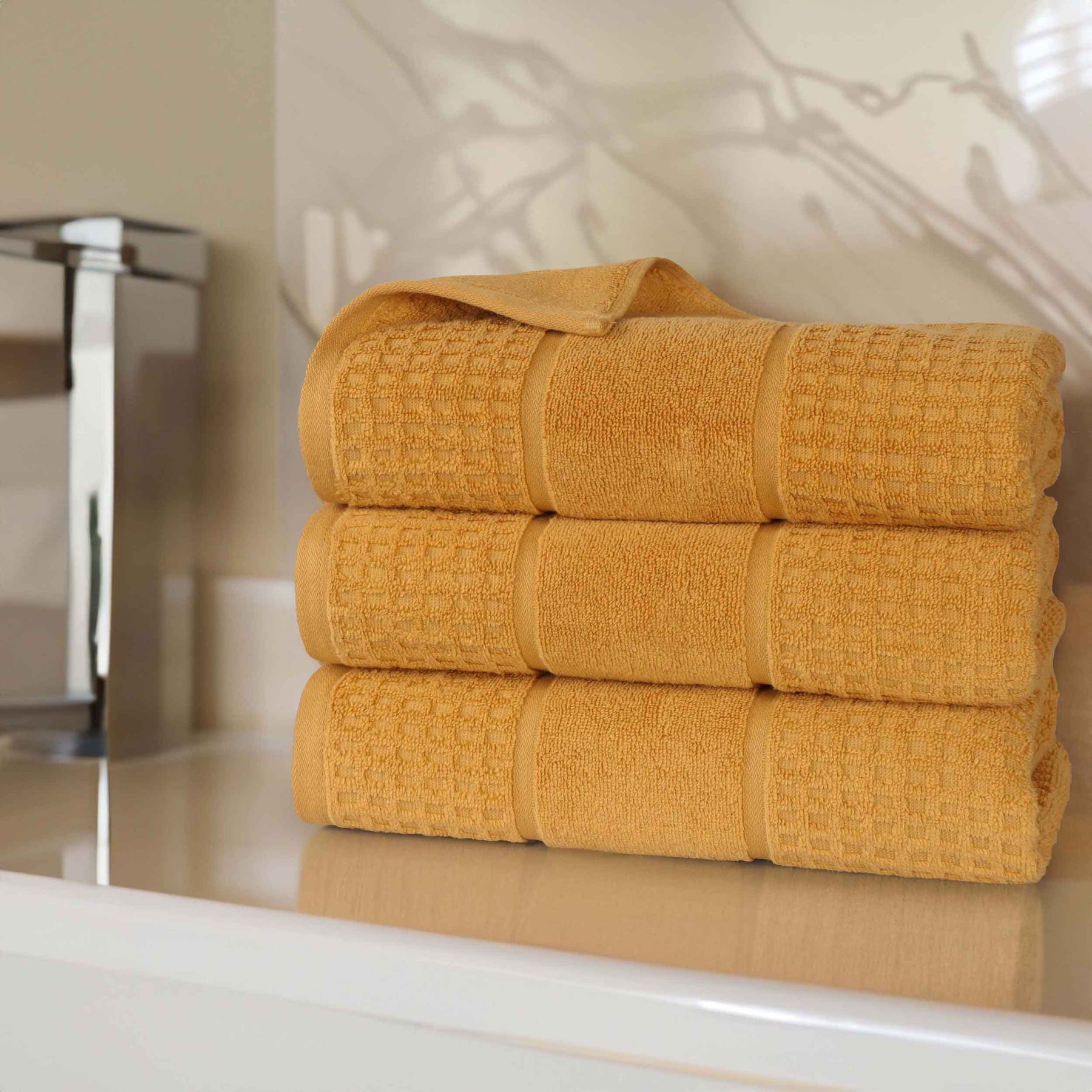 Zero Twist Cotton Waffle Honeycomb Plush Soft Bath Towel  - Gold