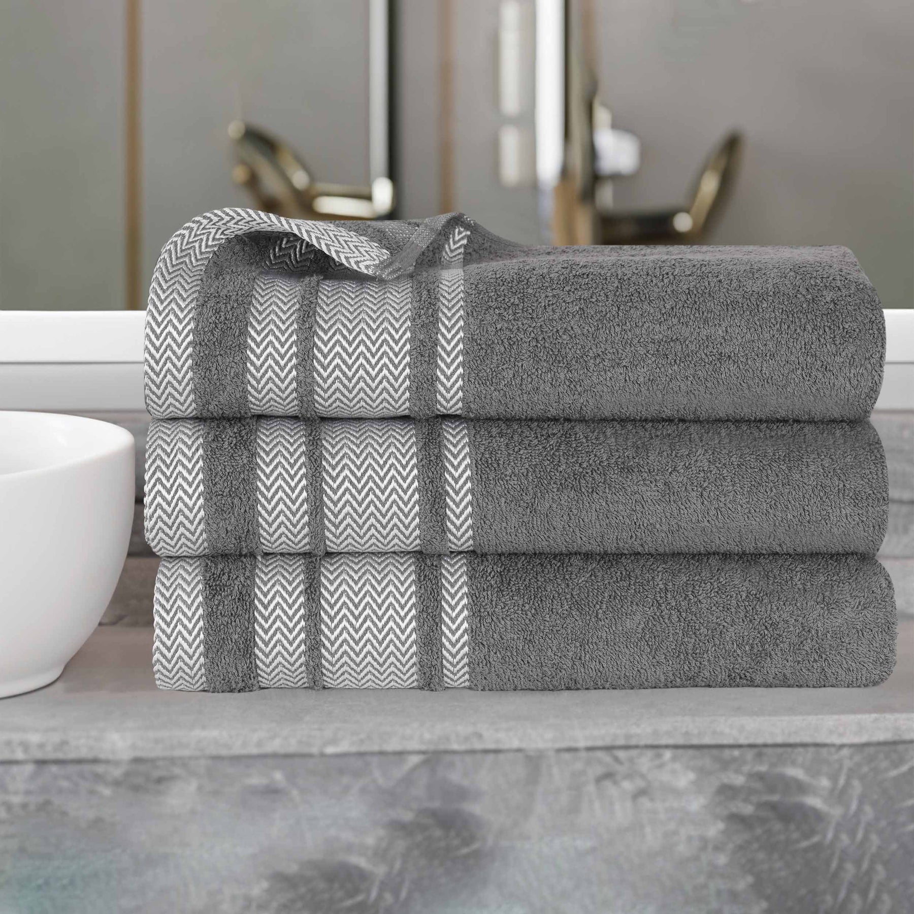 Zero Twist Cotton Dobby Border Plush Absorbent Bath Towel - Grey