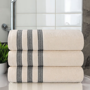 Zero Twist Cotton Ribbed Geometric Border Plush Bath Towel - Ivory