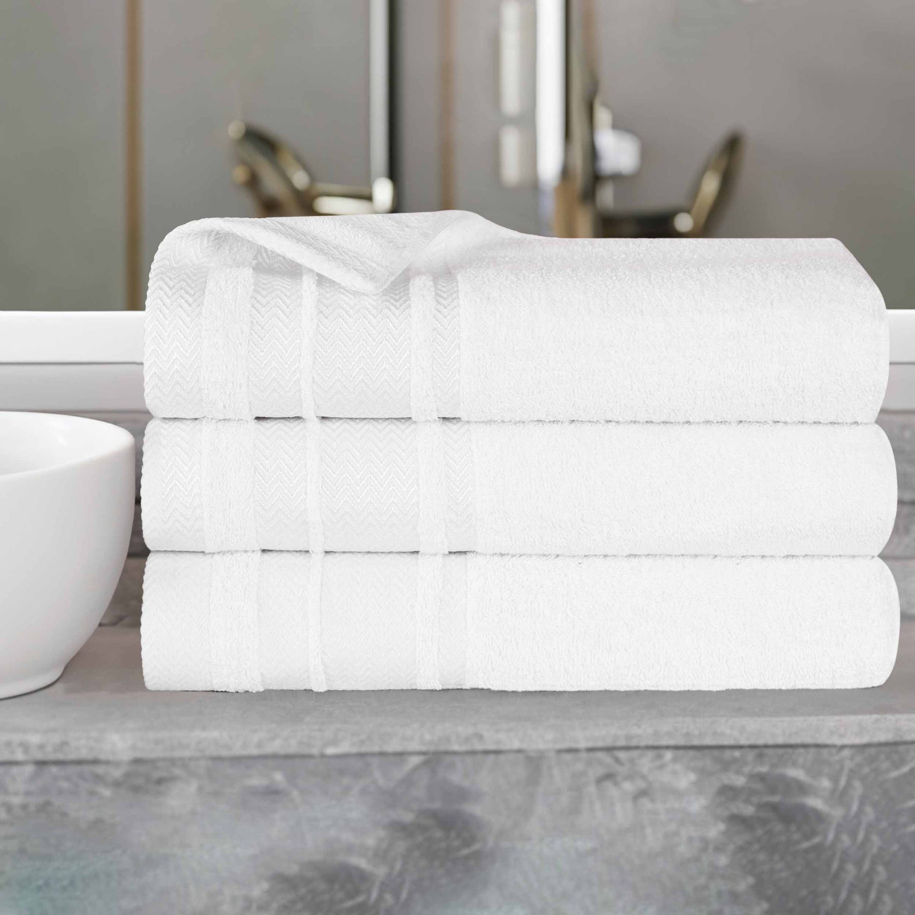 Zero Twist Cotton Dobby Border Plush Absorbent Bath Towel - White