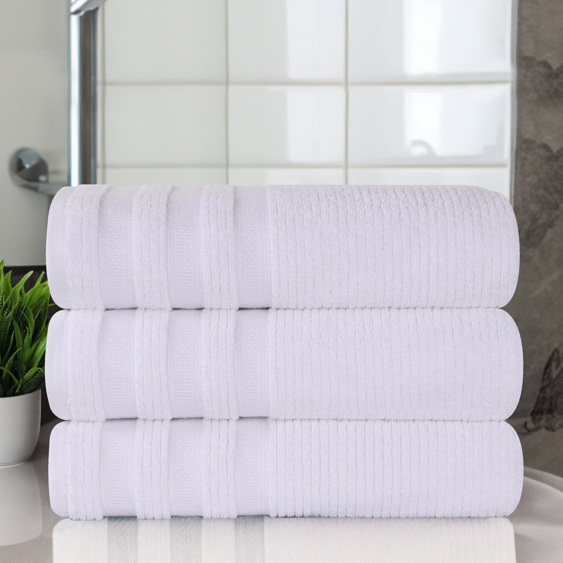 Zero Twist Cotton Ribbed Geometric Border Plush Bath Towel - White