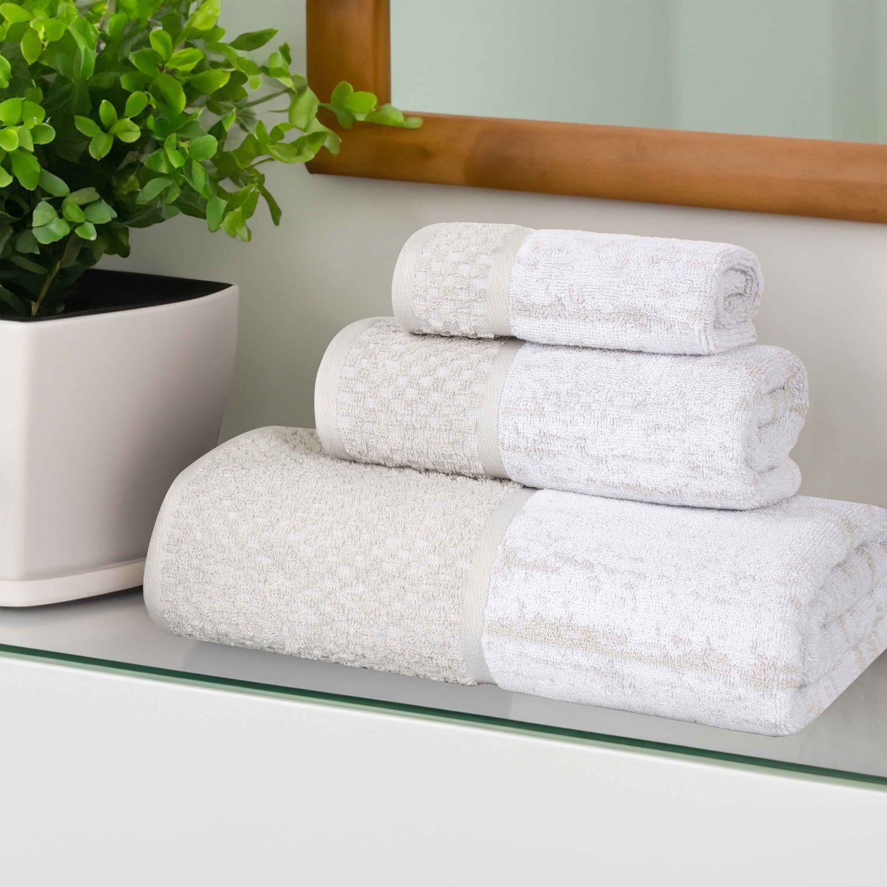 Lodie Cotton Plush Soft Jacquard Two-Toned 3 Piece Assorted Towel Set - Stone-White