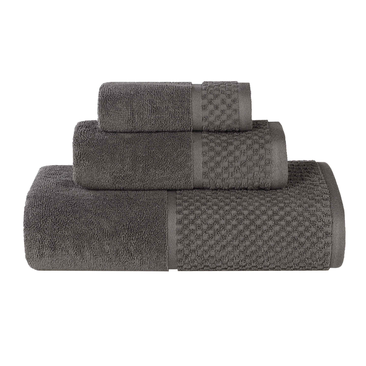 Lodie Cotton Plush Absorbent Jacquard Solid 3 Piece Assorted Towel Set - Charcoal-Ivory