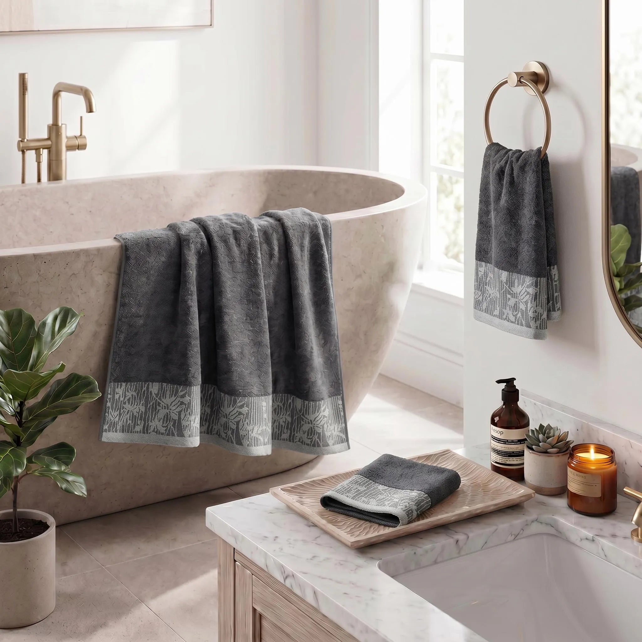 Wisteria Floral Jacquard 3-Piece Cotton Towel Set – Medium Weight Bathroom Towels