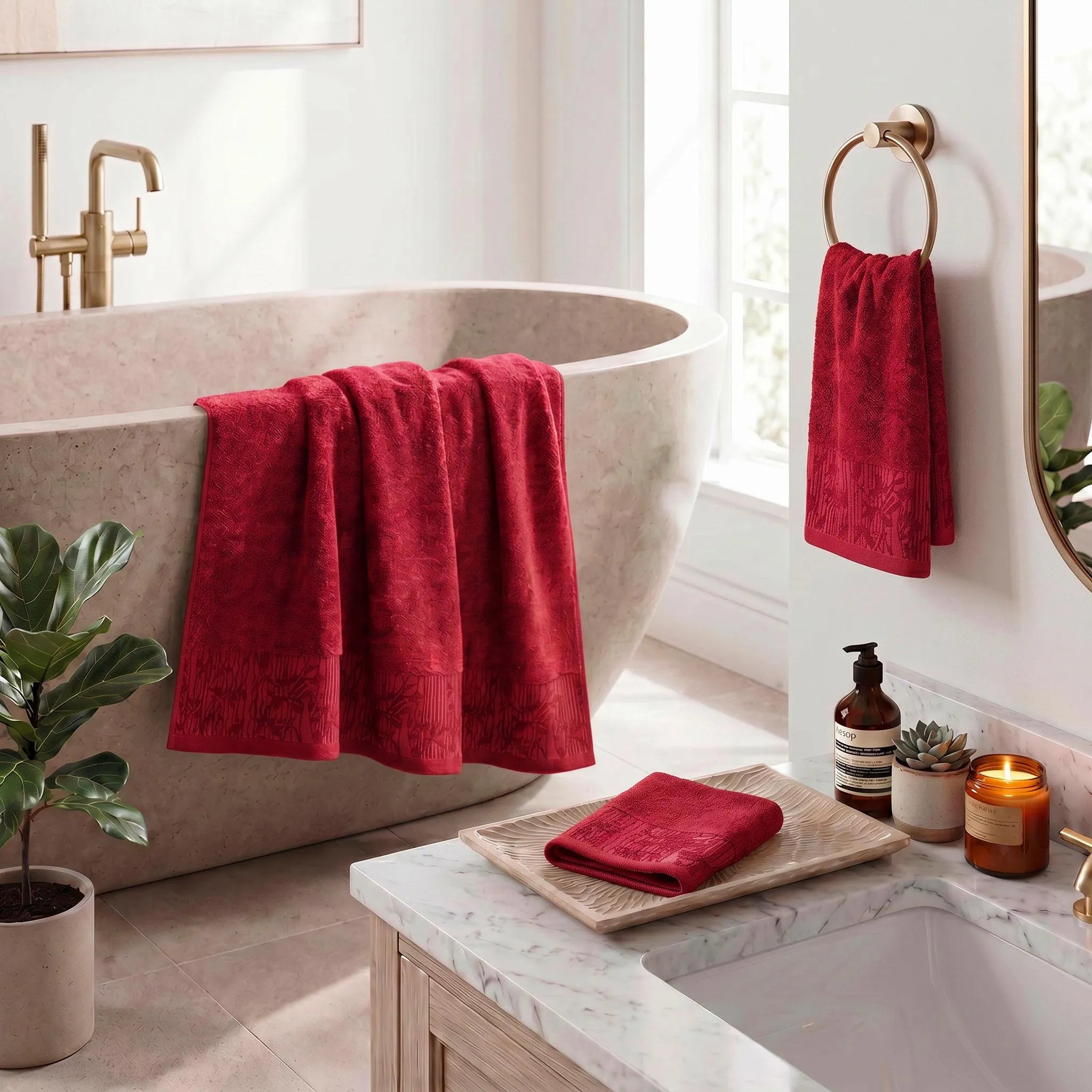 Wisteria Floral Jacquard 3-Piece Cotton Towel Set – Medium Weight Bathroom Towels