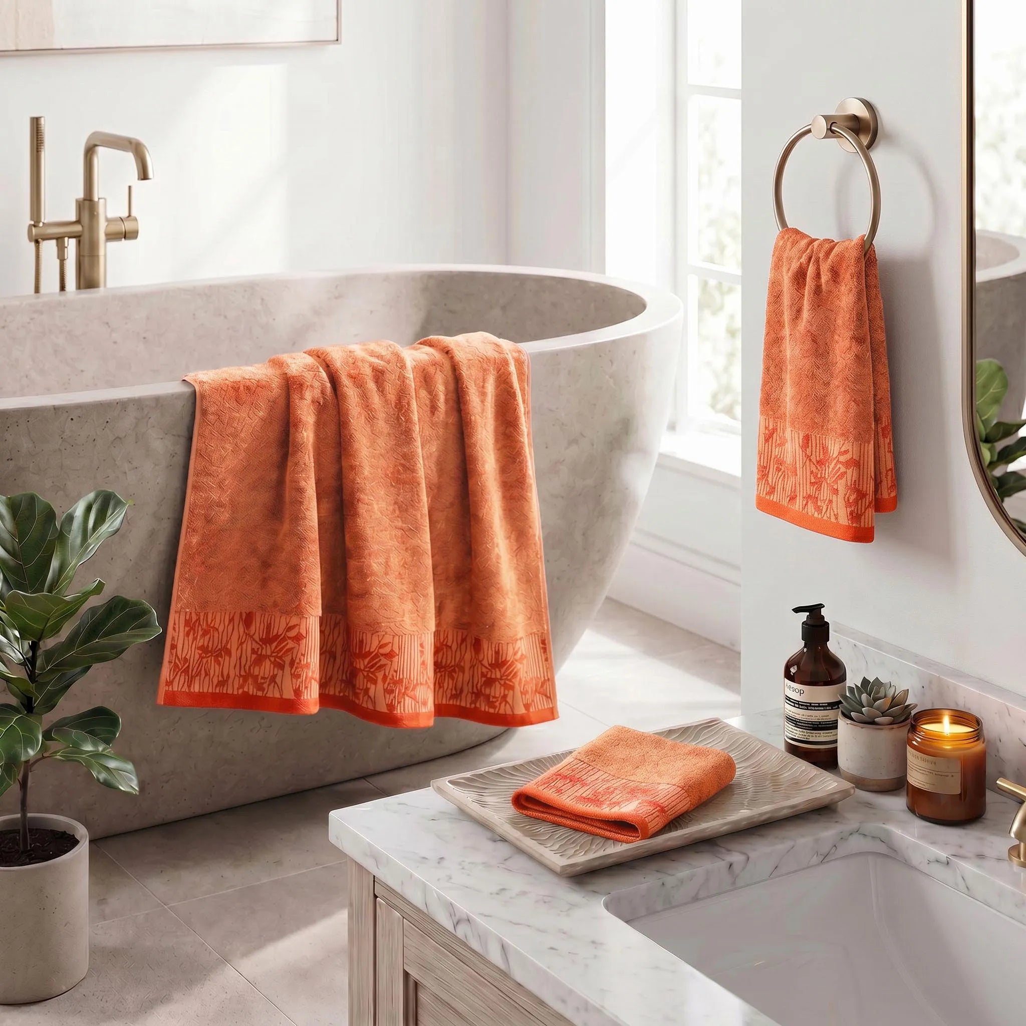 Wisteria Floral Jacquard 3-Piece Cotton Towel Set – Medium Weight Bathroom Towels