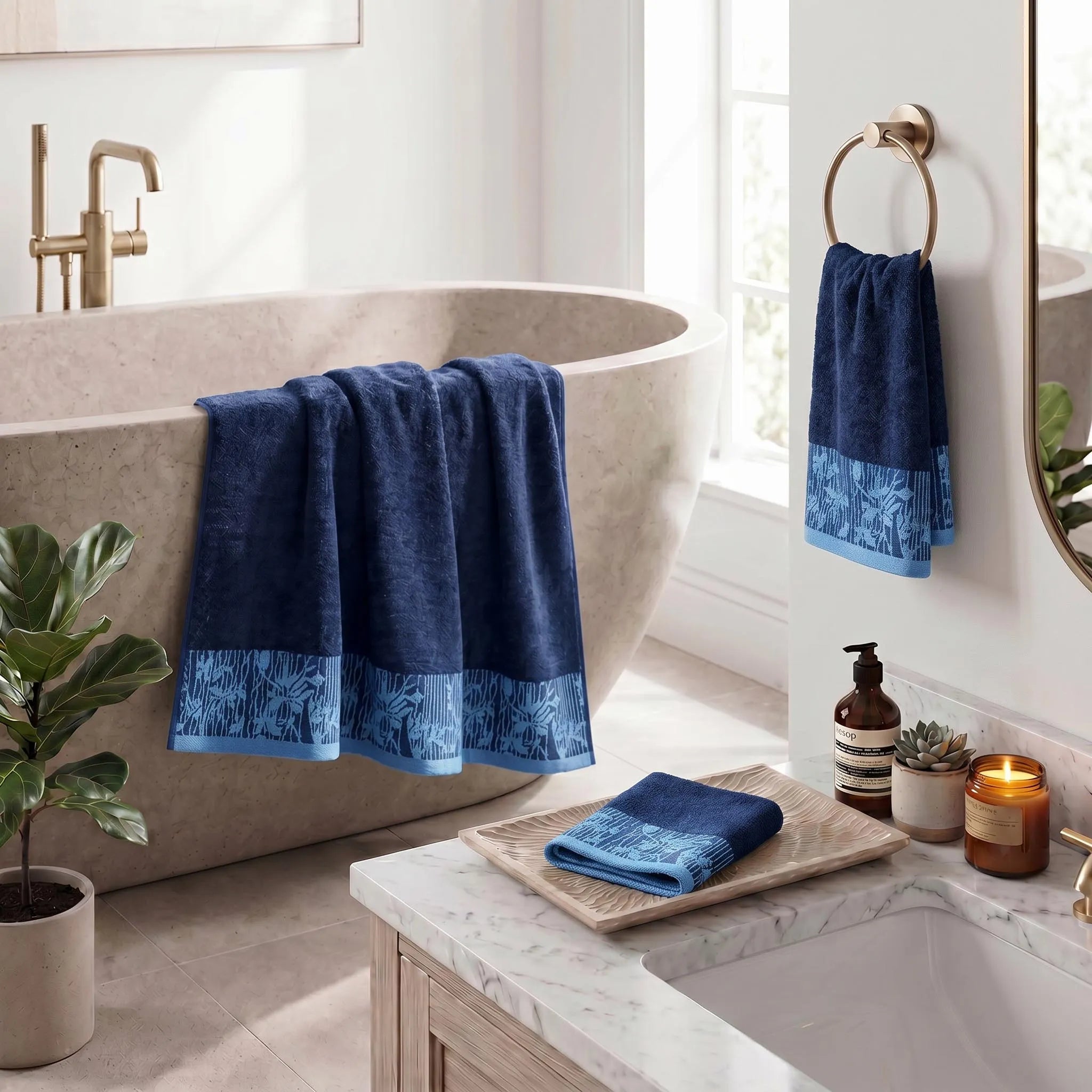 Wisteria Floral Jacquard 3-Piece Cotton Towel Set – Medium Weight Bathroom Towels