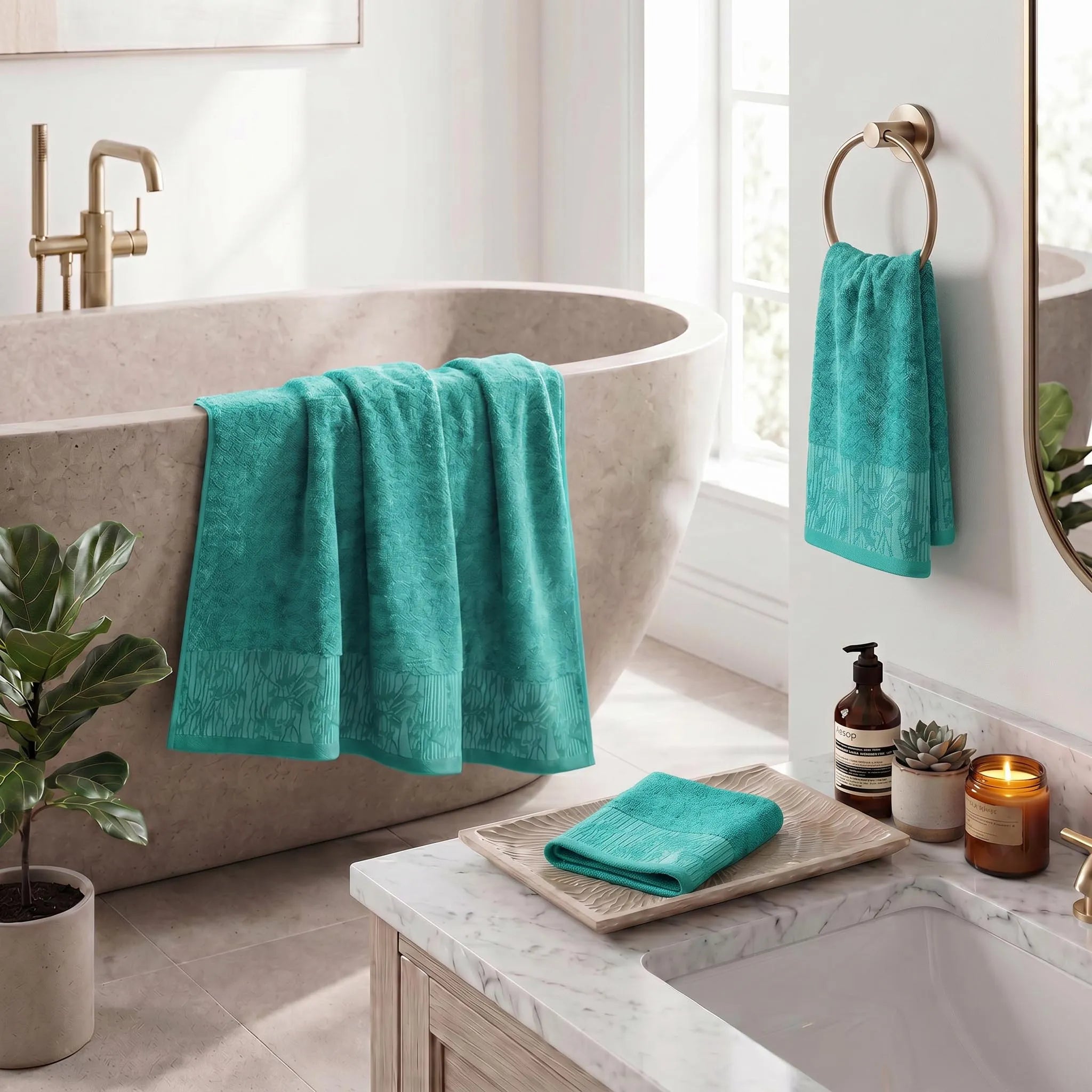 Wisteria Floral Jacquard 3-Piece Cotton Towel Set – Medium Weight Bathroom Towels