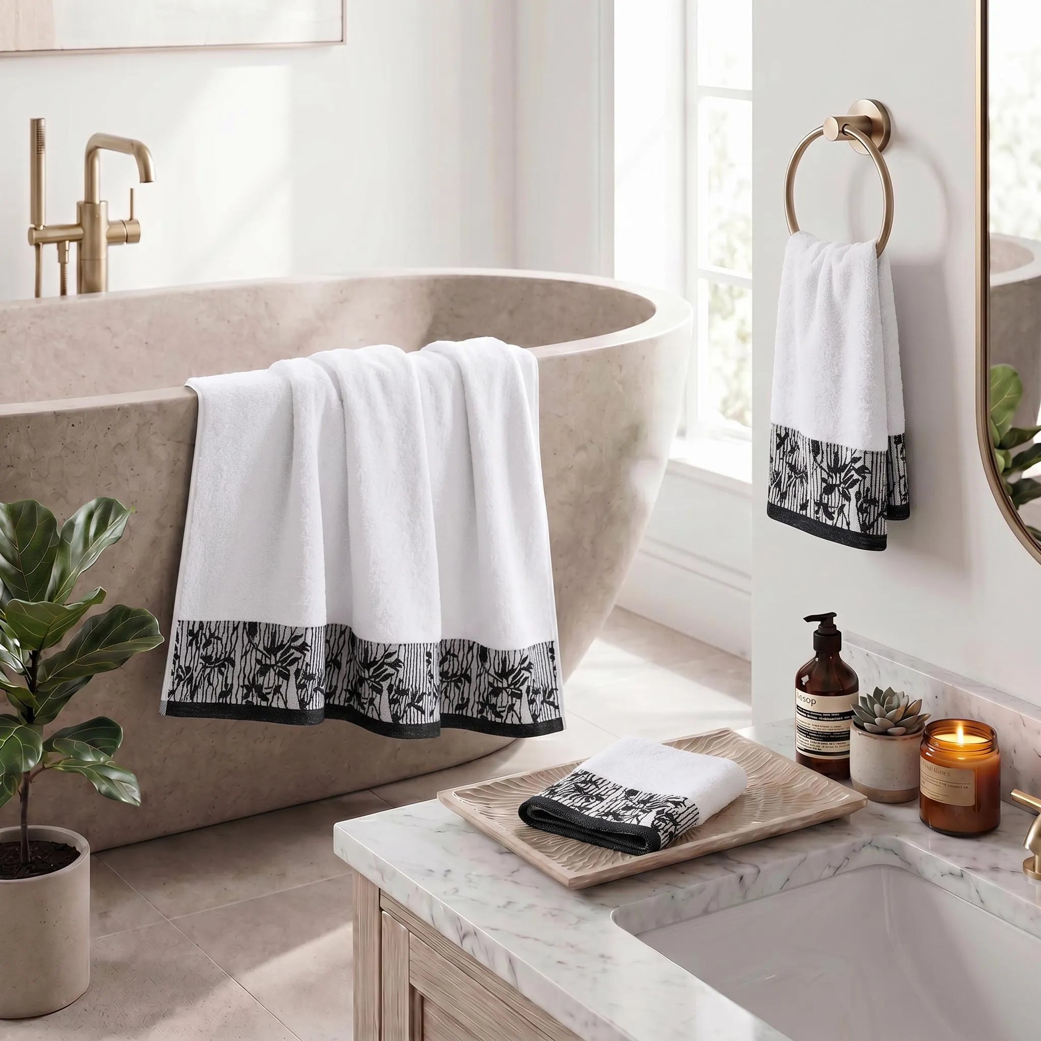 Wisteria Floral Jacquard 3-Piece Cotton Towel Set – Medium Weight Bathroom Towels