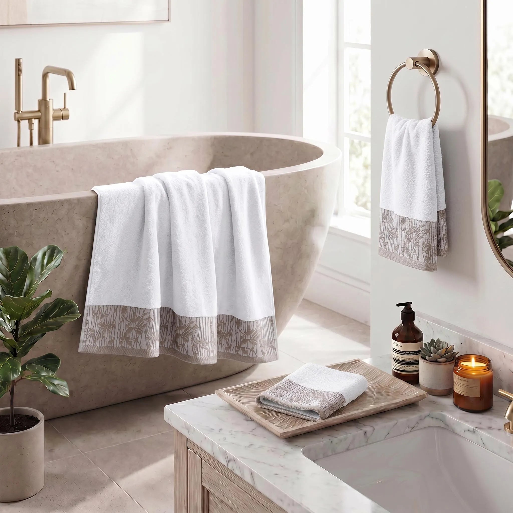 Wisteria Floral Jacquard 3-Piece Cotton Towel Set – Medium Weight Bathroom Towels