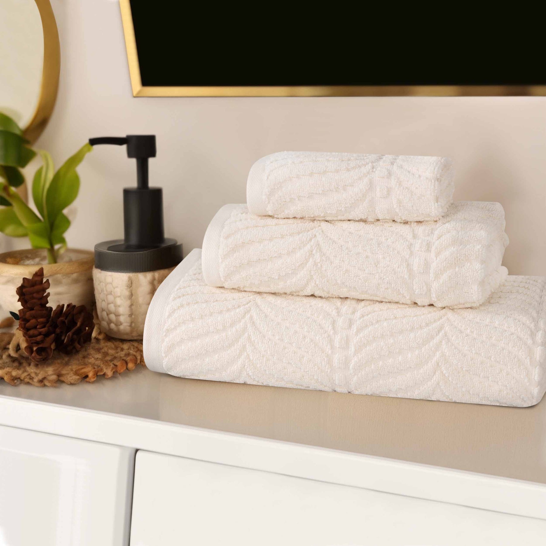 Chevron Zero Twist Cotton 3 Piece Jacquard Towel Set - Ivory
