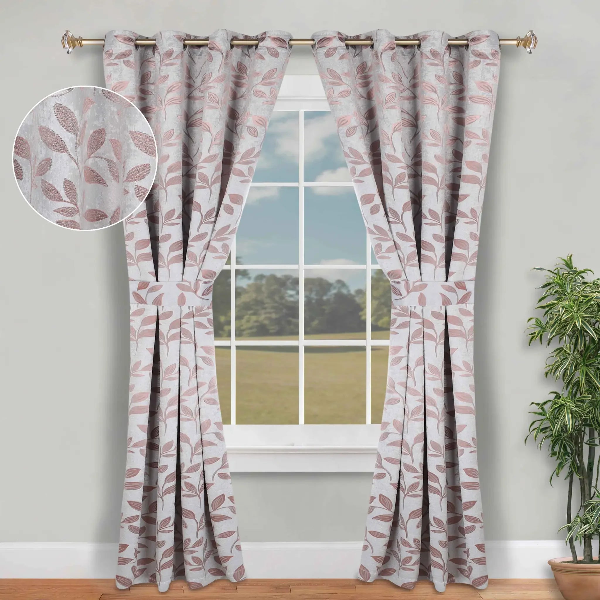 Blackout Window Curtains Leaves Pattern Room Darkening Set of 2
