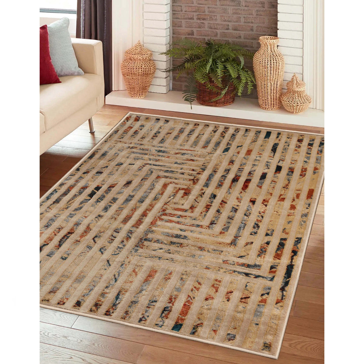 Modern Geometric Lines Abstract Boho Area Rug Or Runner Or Door Mat - Ivory