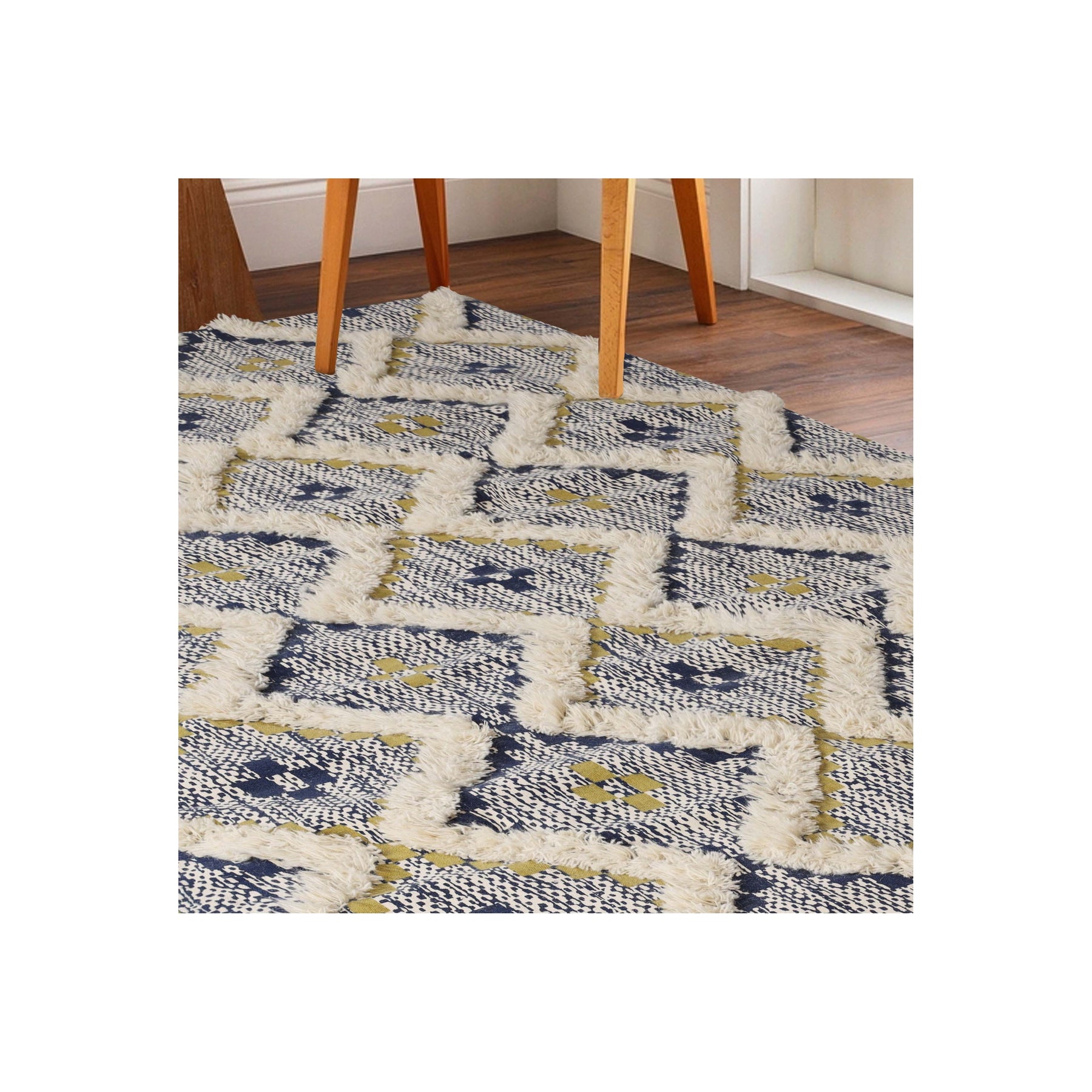 Superior Indoor Area Rug Collection Geometric Design with Cotton-Latex Backing -  Gold- Navy Blue