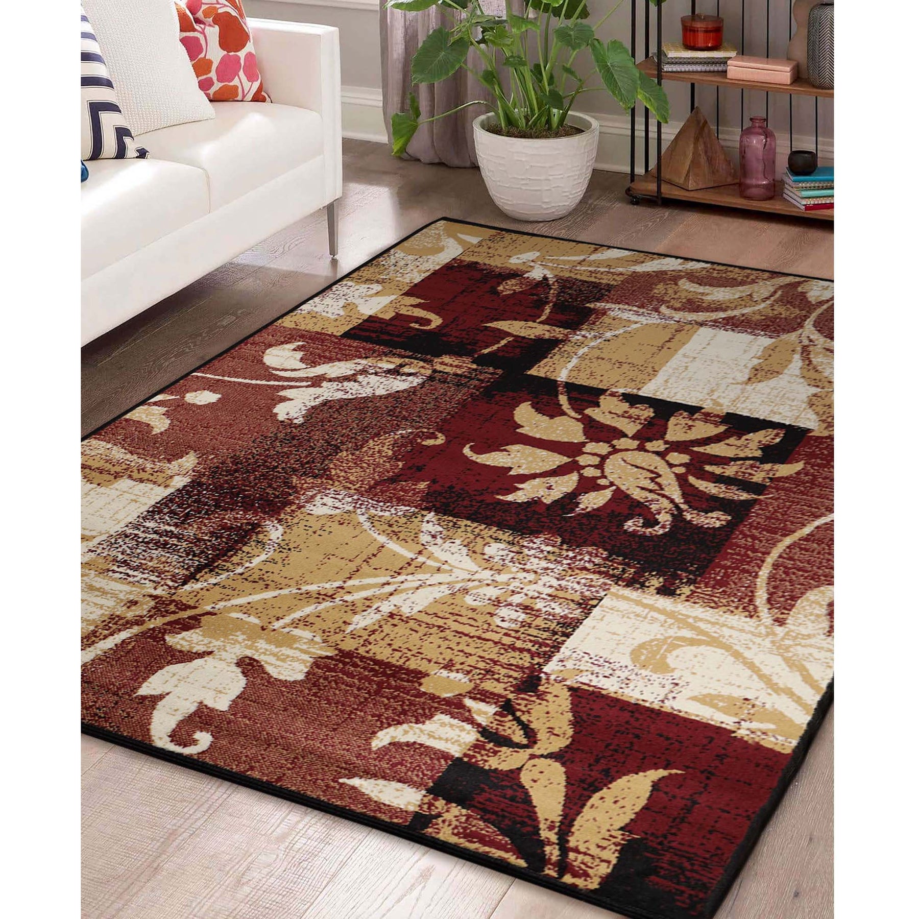Superior Pastiche Contemporary Floral Patchwork Area Rug - Burgundy