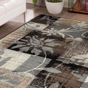 Superior Pastiche Contemporary Floral Patchwork Area Rug - Chocolate