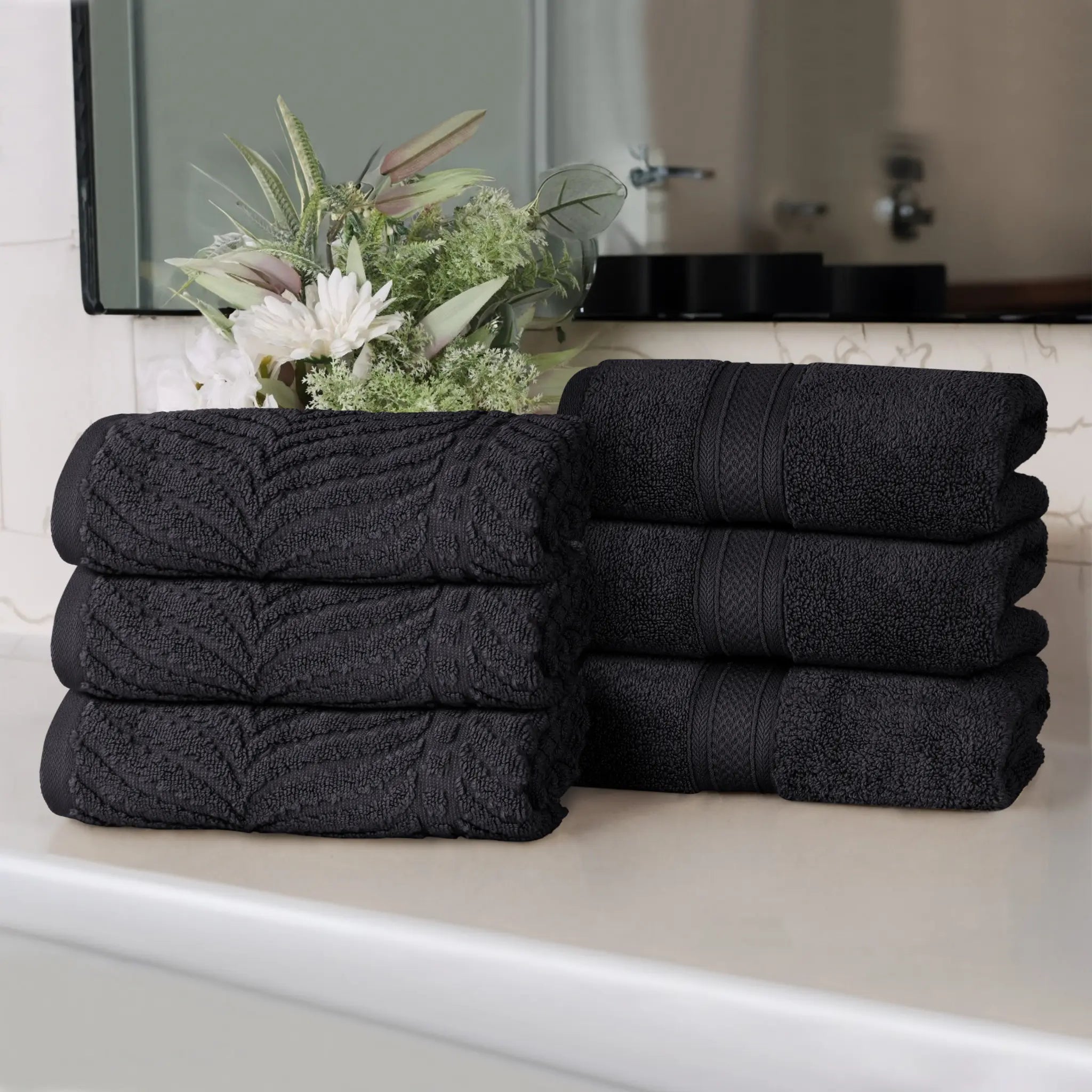 Chevron Zero Twist Solid and Jacquard Soft Cotton Hand Towel Set of 6