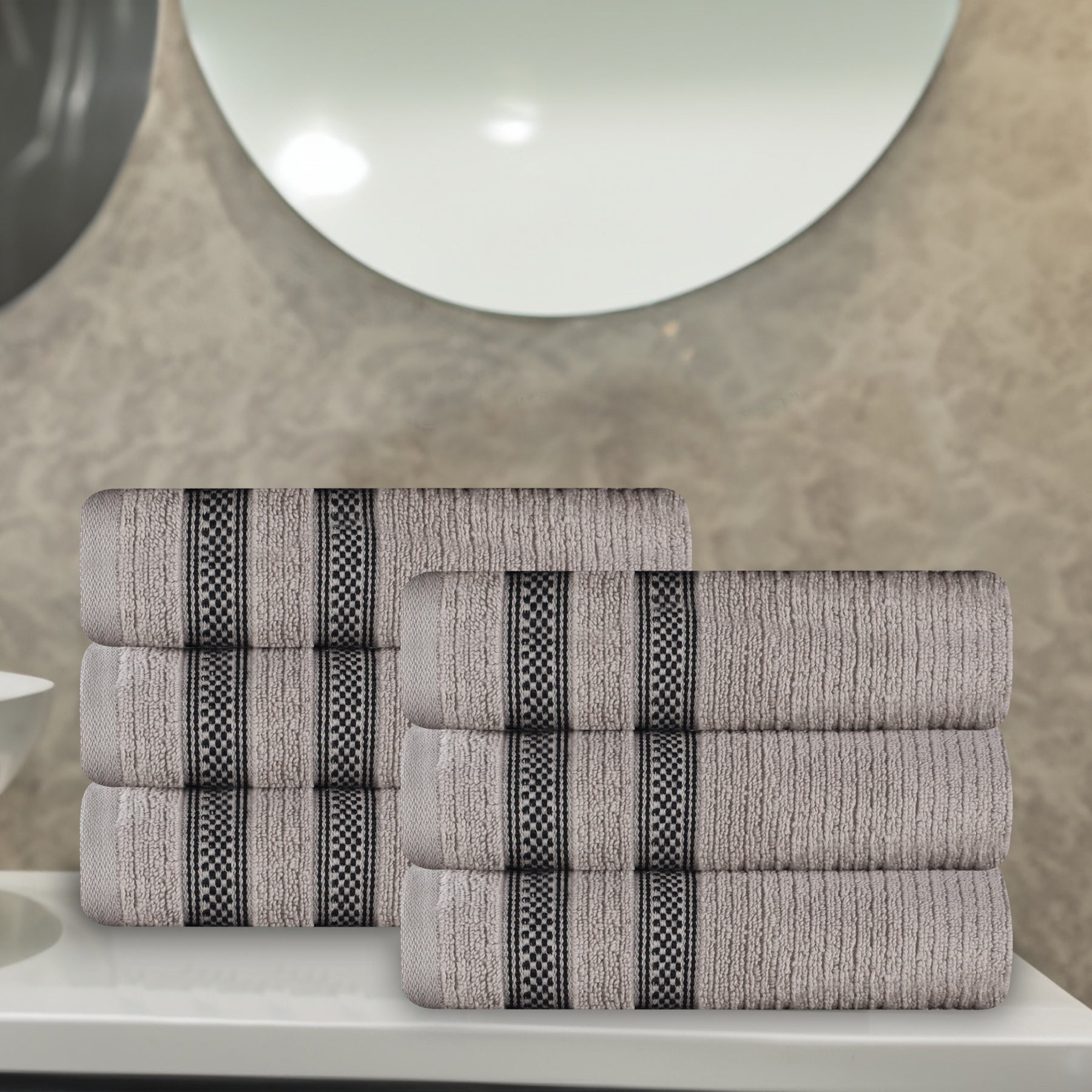 Zero Twist Cotton Ribbed Geometric Border Plush Hand Towel - Grey