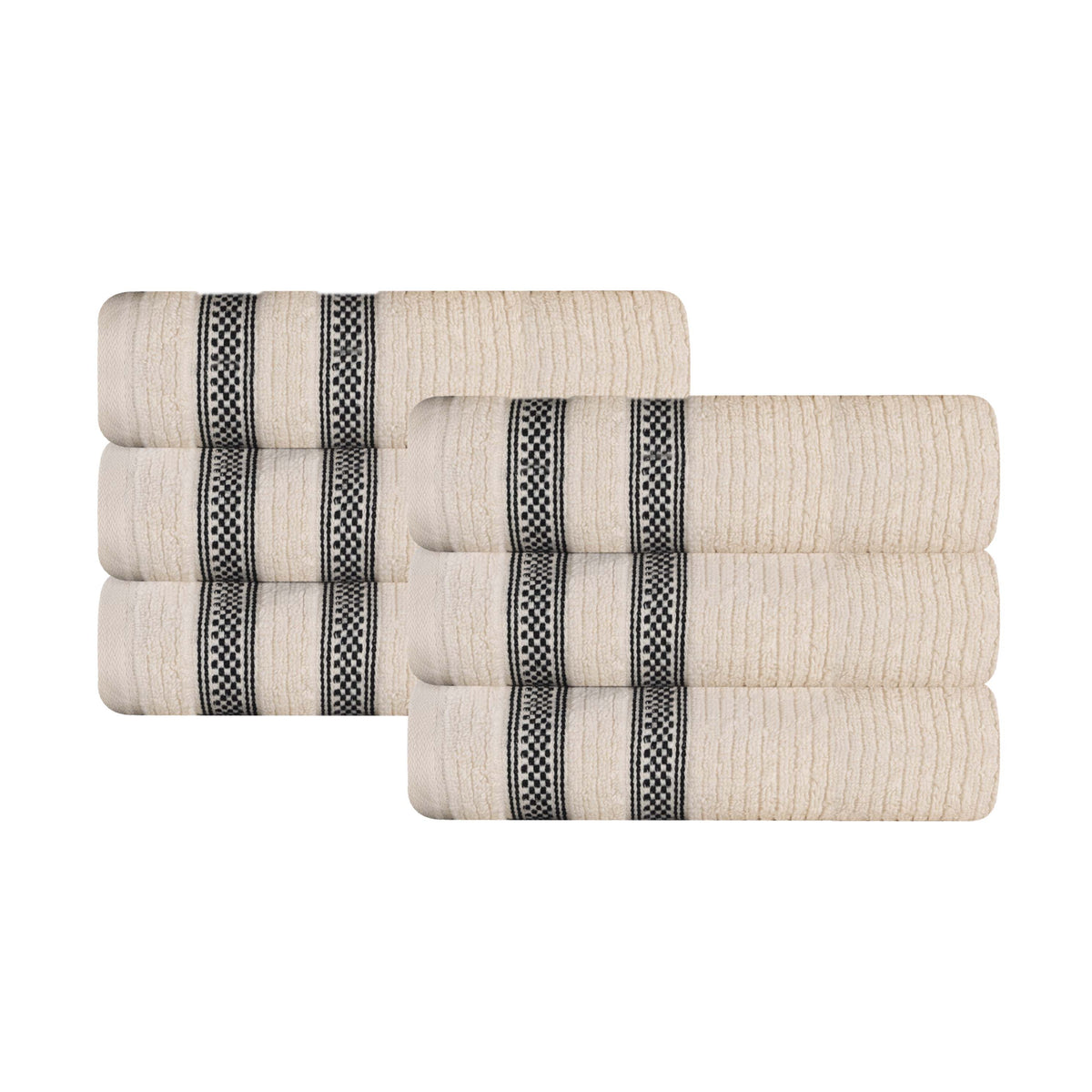 Zero Twist Cotton Ribbed Geometric Border Plush Hand Towel - Ivory