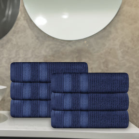 Zero Twist Cotton Ribbed Geometric Border Plush Hand Towel - Navy Blue