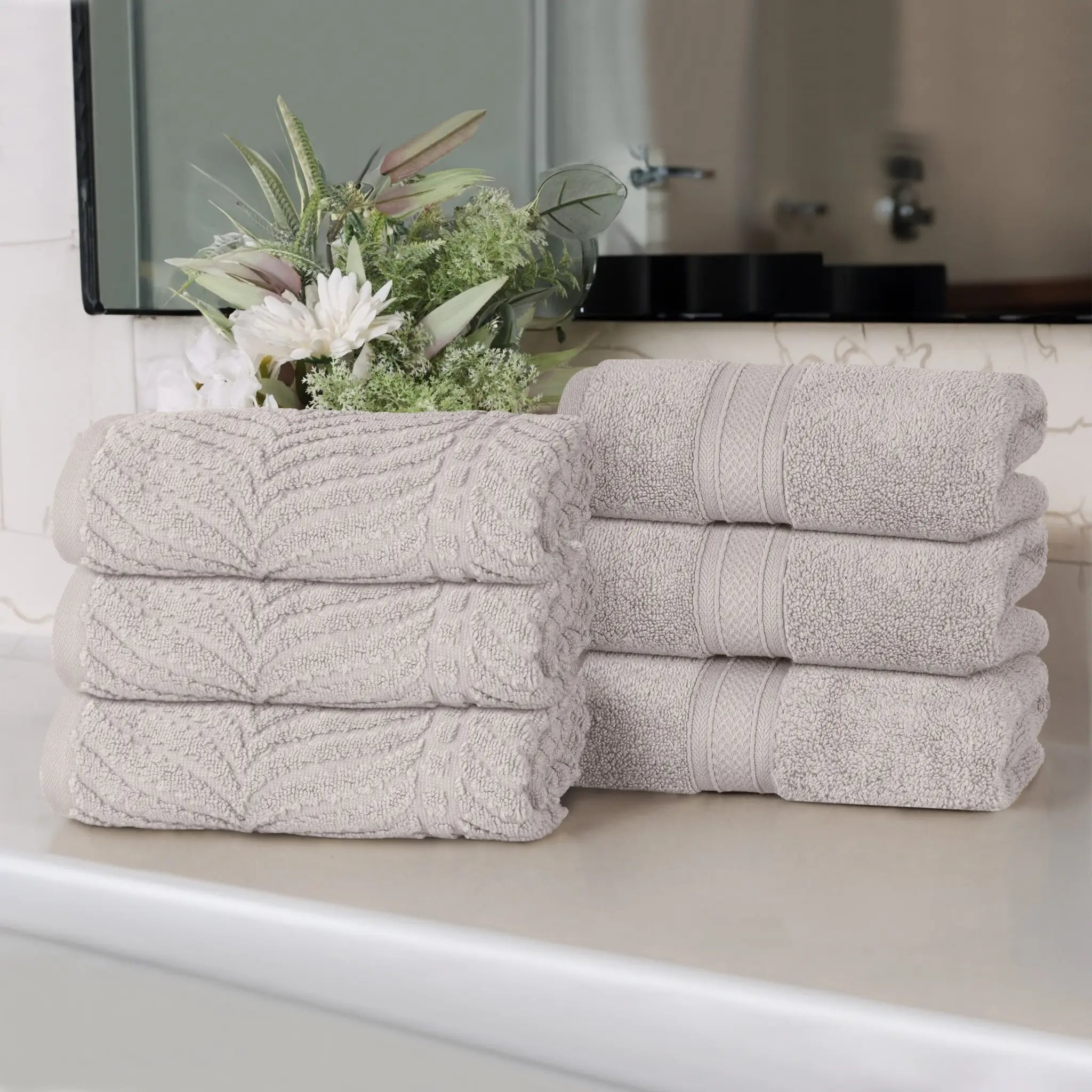 Chevron Zero Twist Solid and Jacquard Soft Cotton Hand Towel Set of 6