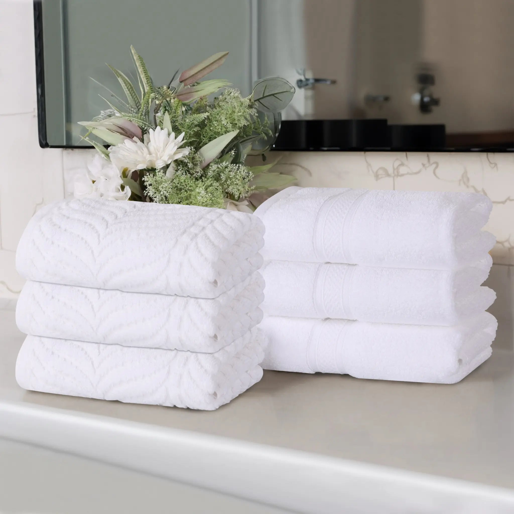 Chevron Zero Twist Solid and Jacquard Soft Cotton Hand Towel Set of 6