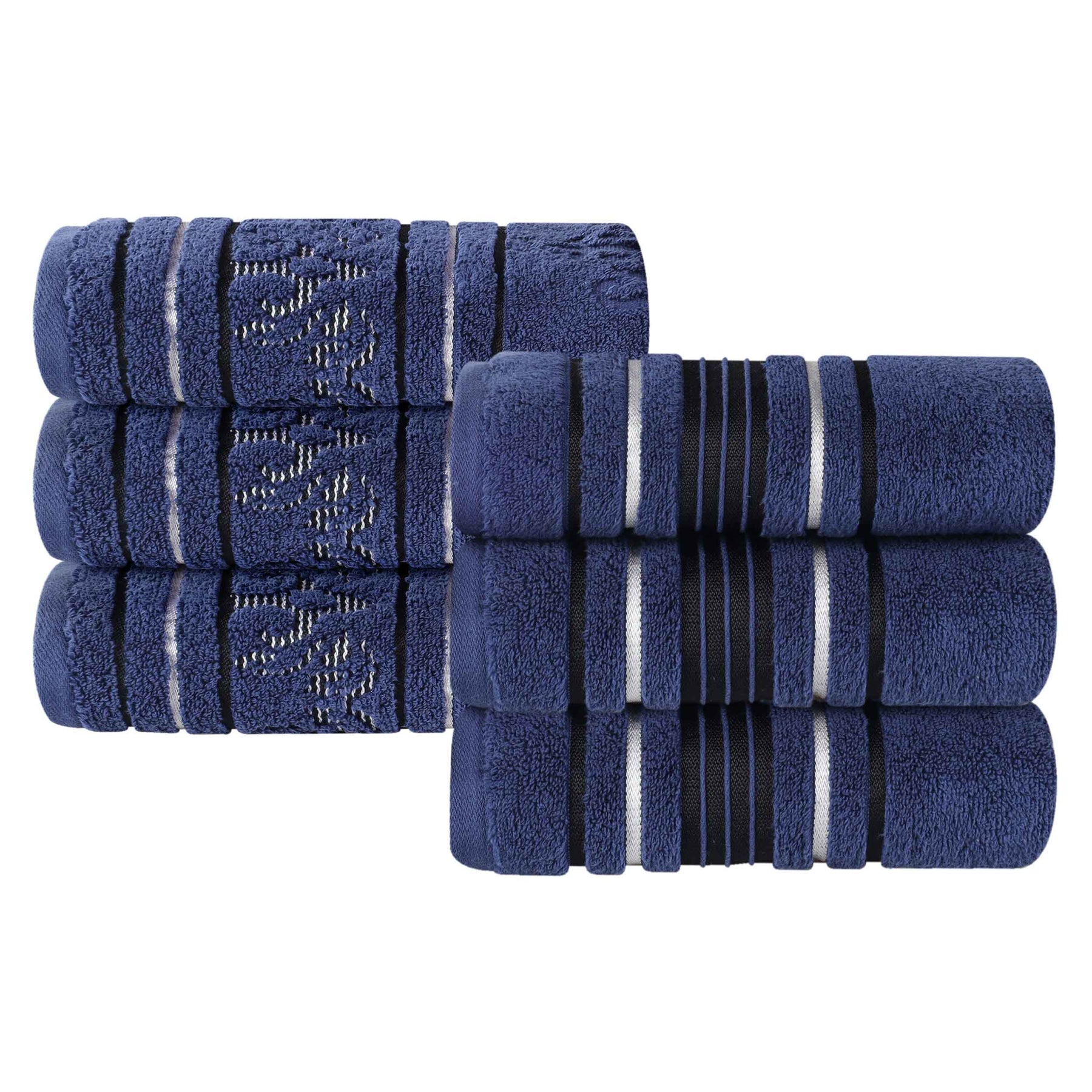 Sadie Zero Twist Cotton Floral Solid and Jacquard Hand Towel - Navy Blue