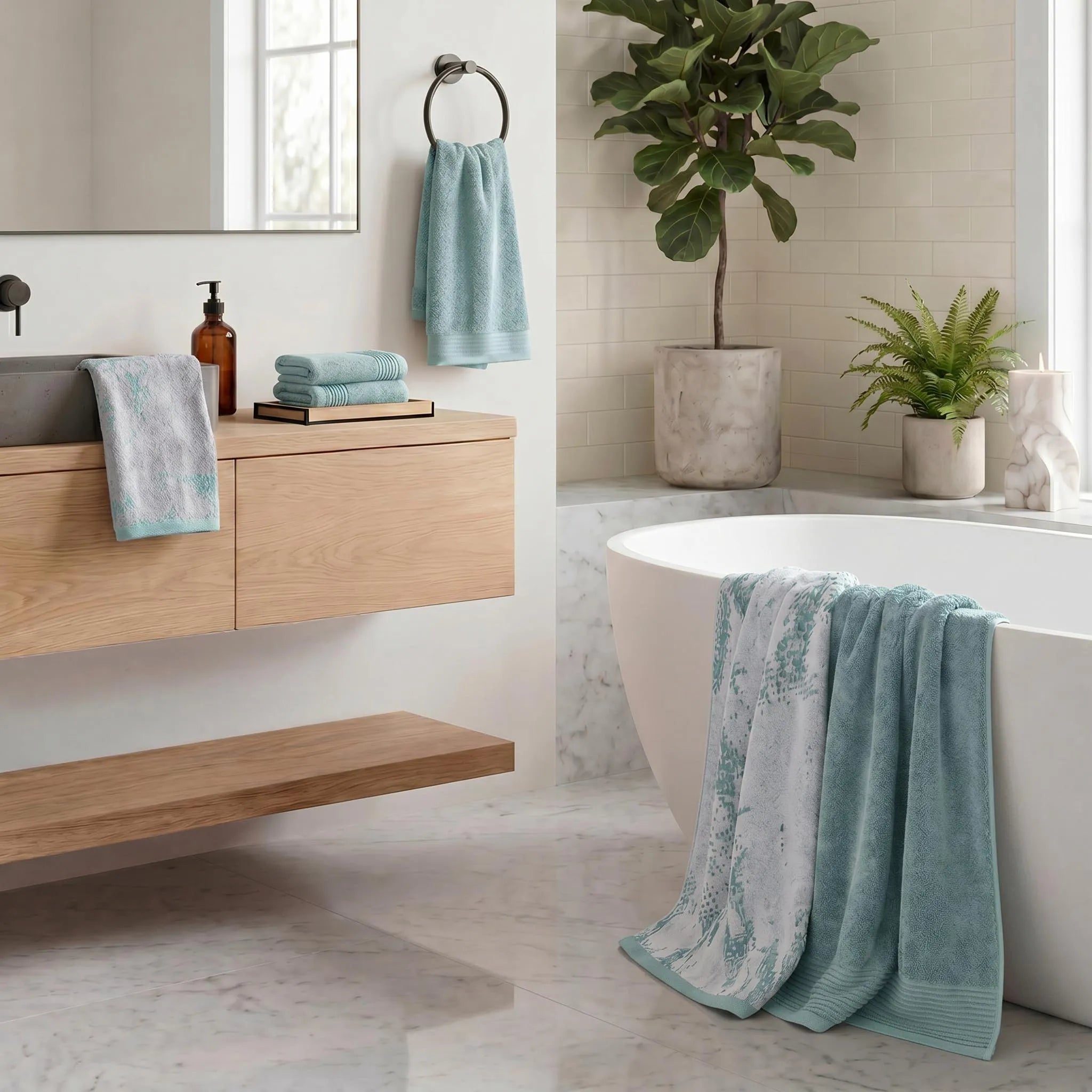 Marble Cotton Jacquard and Solid Towel Set 6 Piece