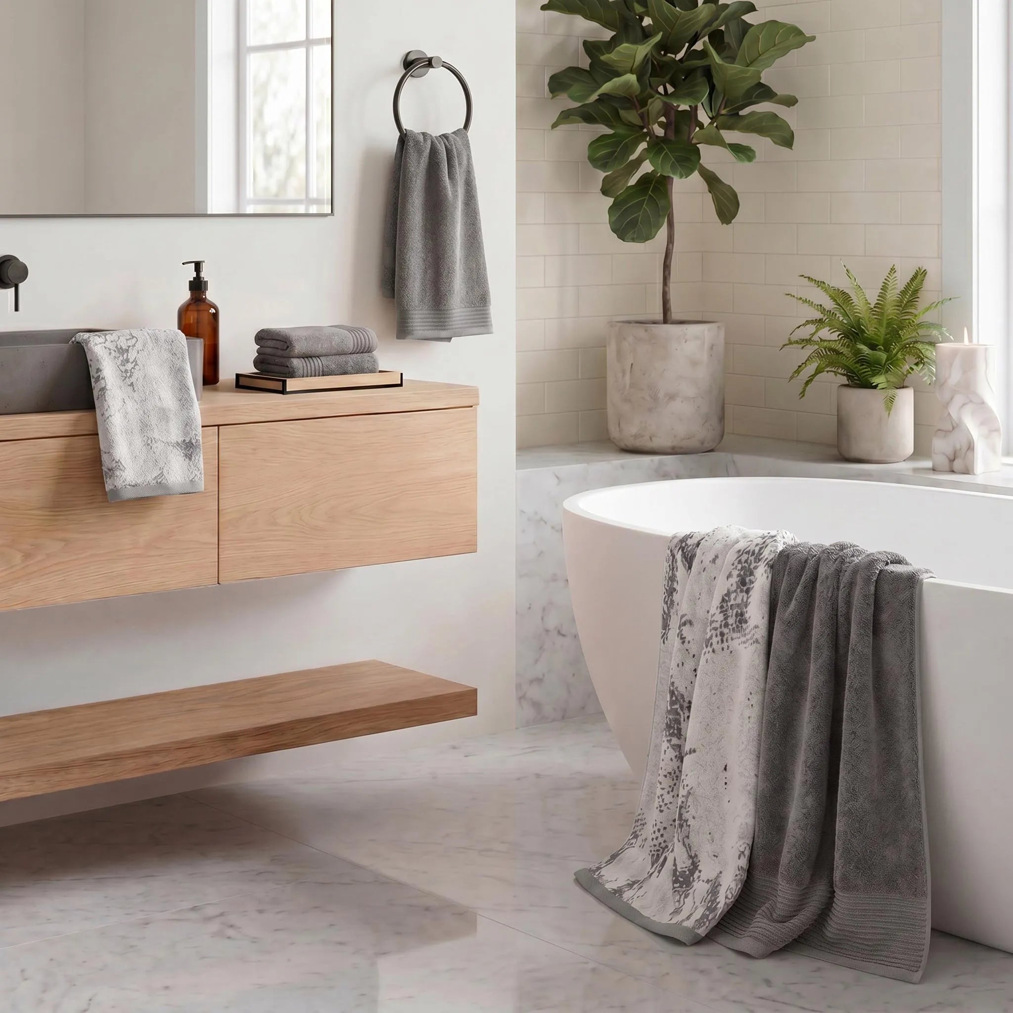 Marble Cotton Jacquard and Solid Towel Set 6 Piece