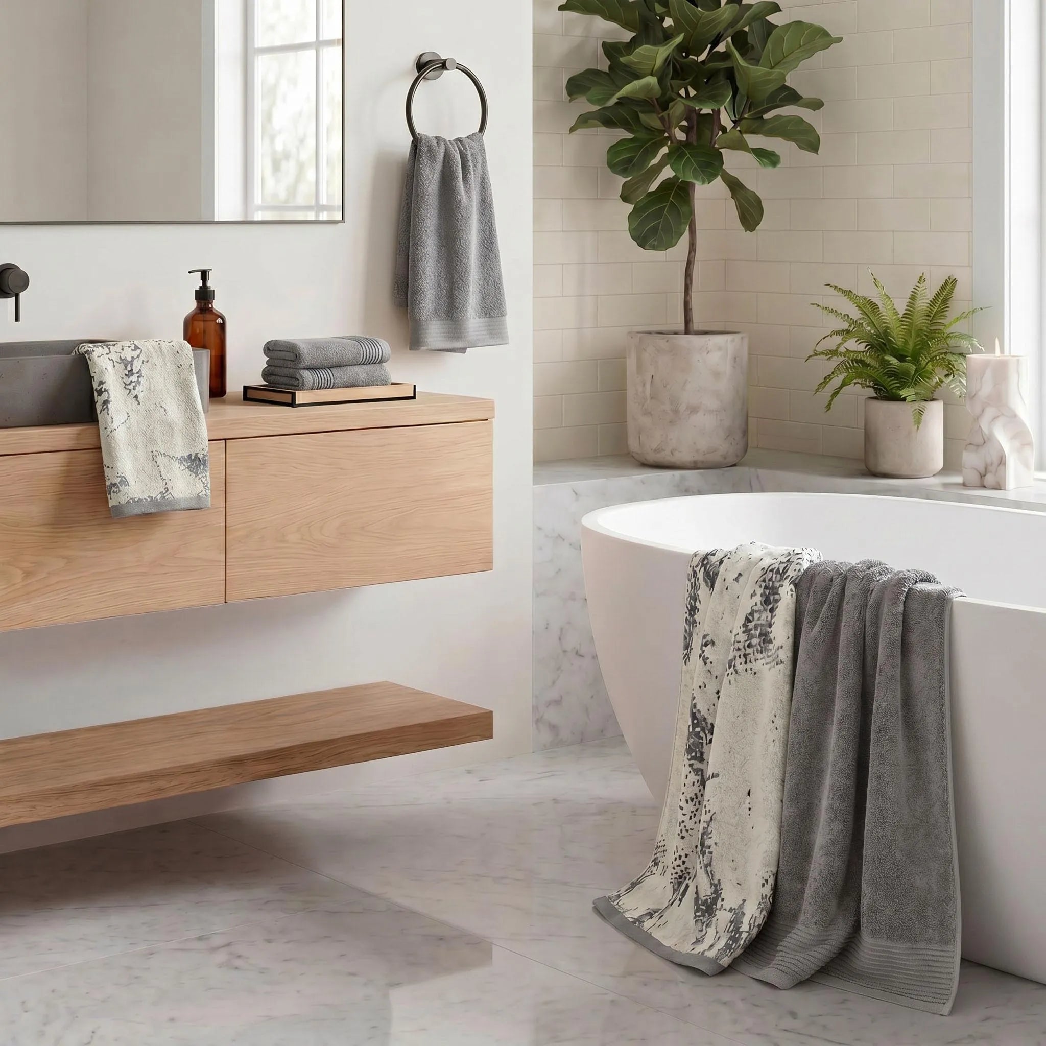 Marble Cotton Jacquard and Solid Towel Set 6 Piece