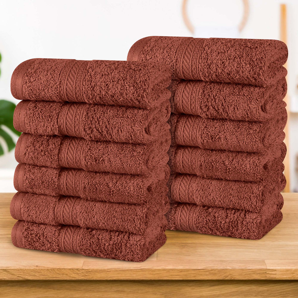 Atlas Combed Cotton Highly Absorbent Solid Face Towels / Washcloths Set of 12 - Hot Chocolate