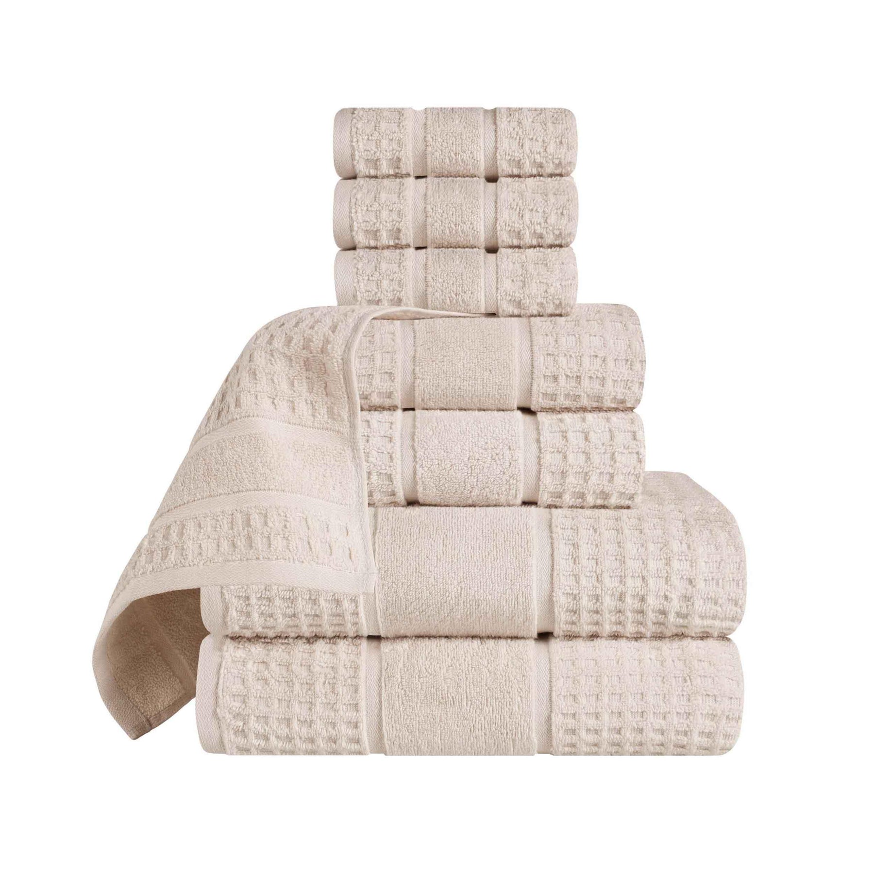 Zero Twist Cotton Waffle Honeycomb Plush Absorbent 8 Piece Towel Set - Ivory