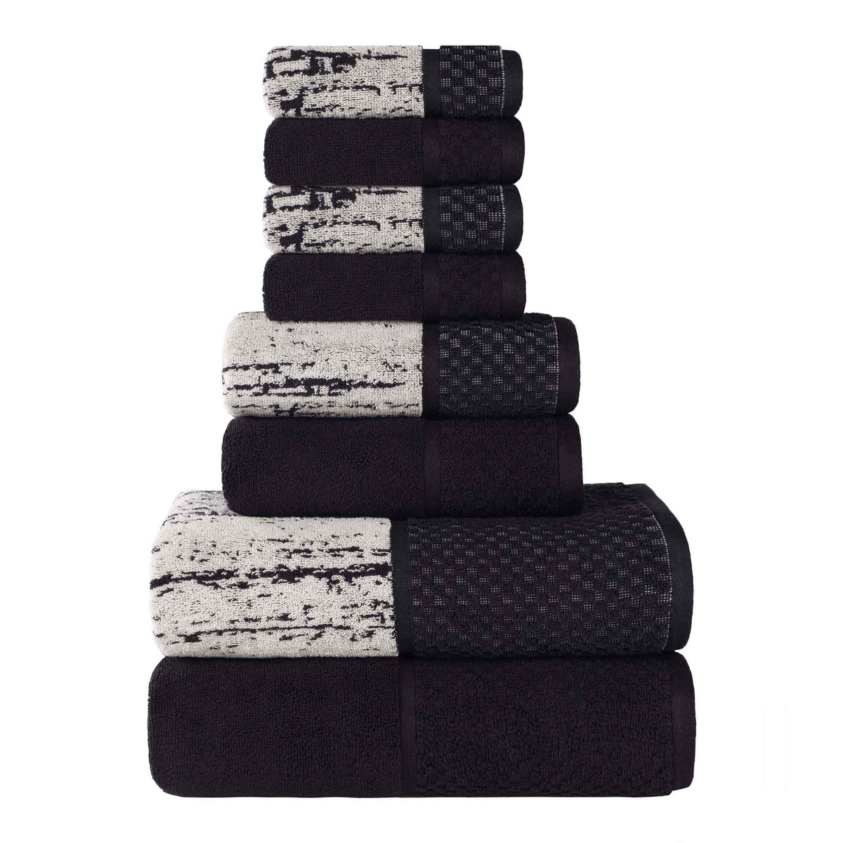Lodie Cotton Jacquard Solid and Two-Toned 8 Piece Assorted Towel Set - Black-Ivory