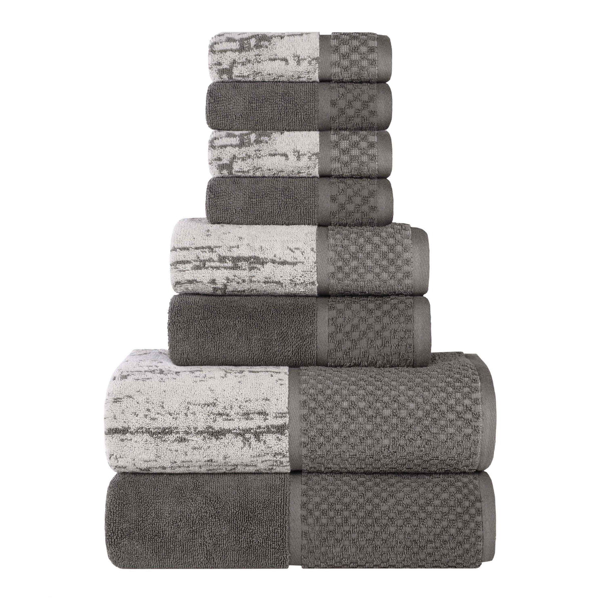 Lodie Cotton Jacquard Solid and Two-Toned 8 Piece Assorted Towel Set - Charcoal-Ivory
