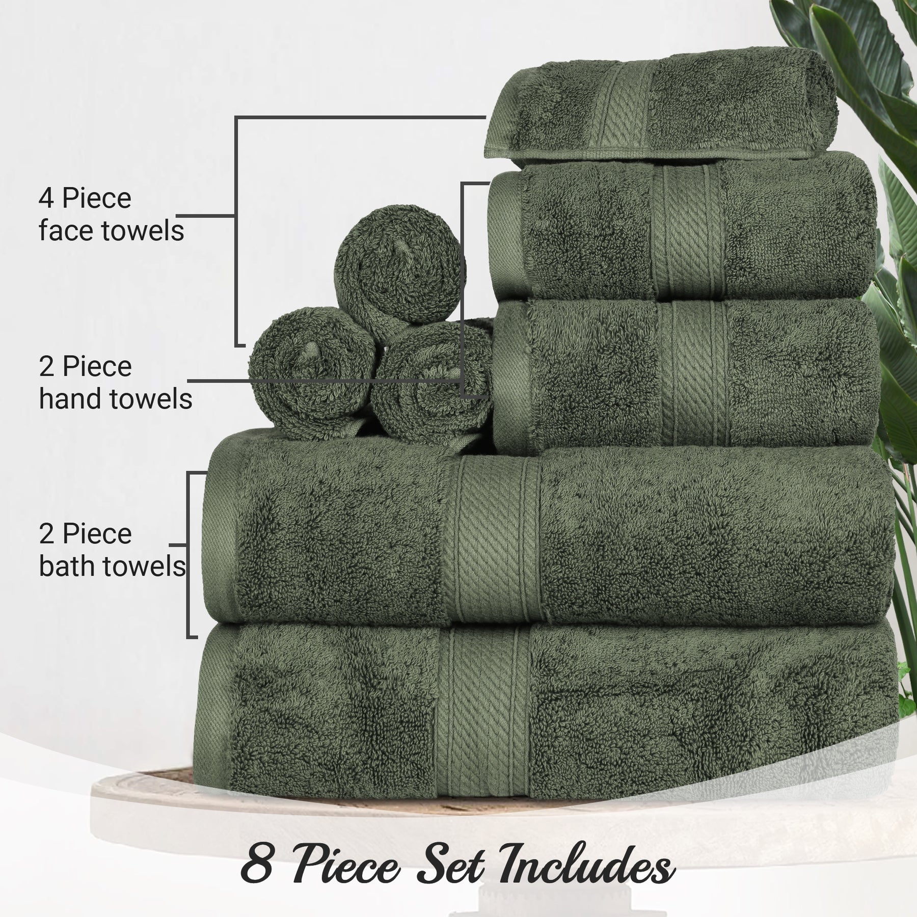 Egyptian Cotton Heavyweight 8 Piece Towel Set -Forest Green