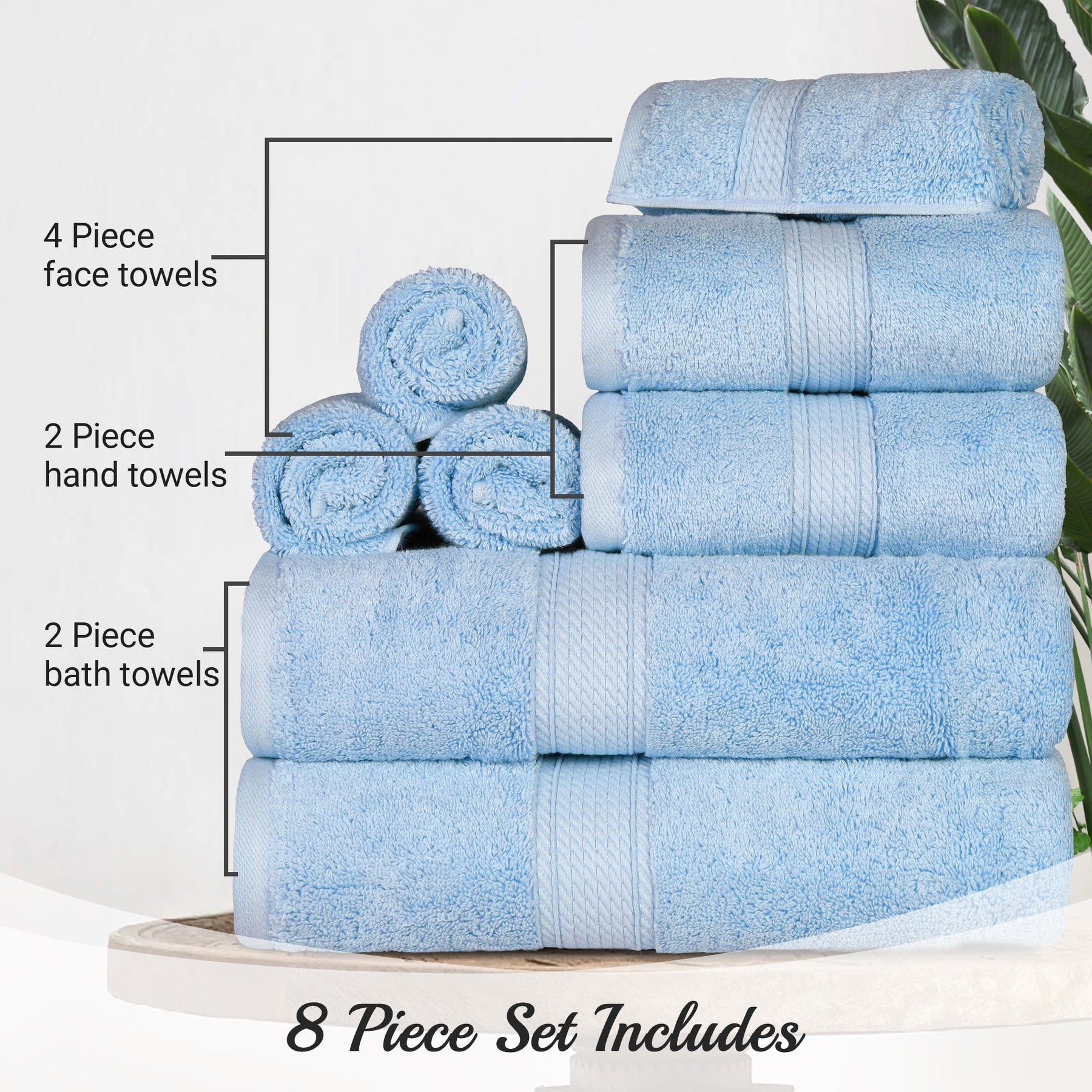 Egyptian Cotton Heavyweight 8 Piece Towel Set - Light Blue