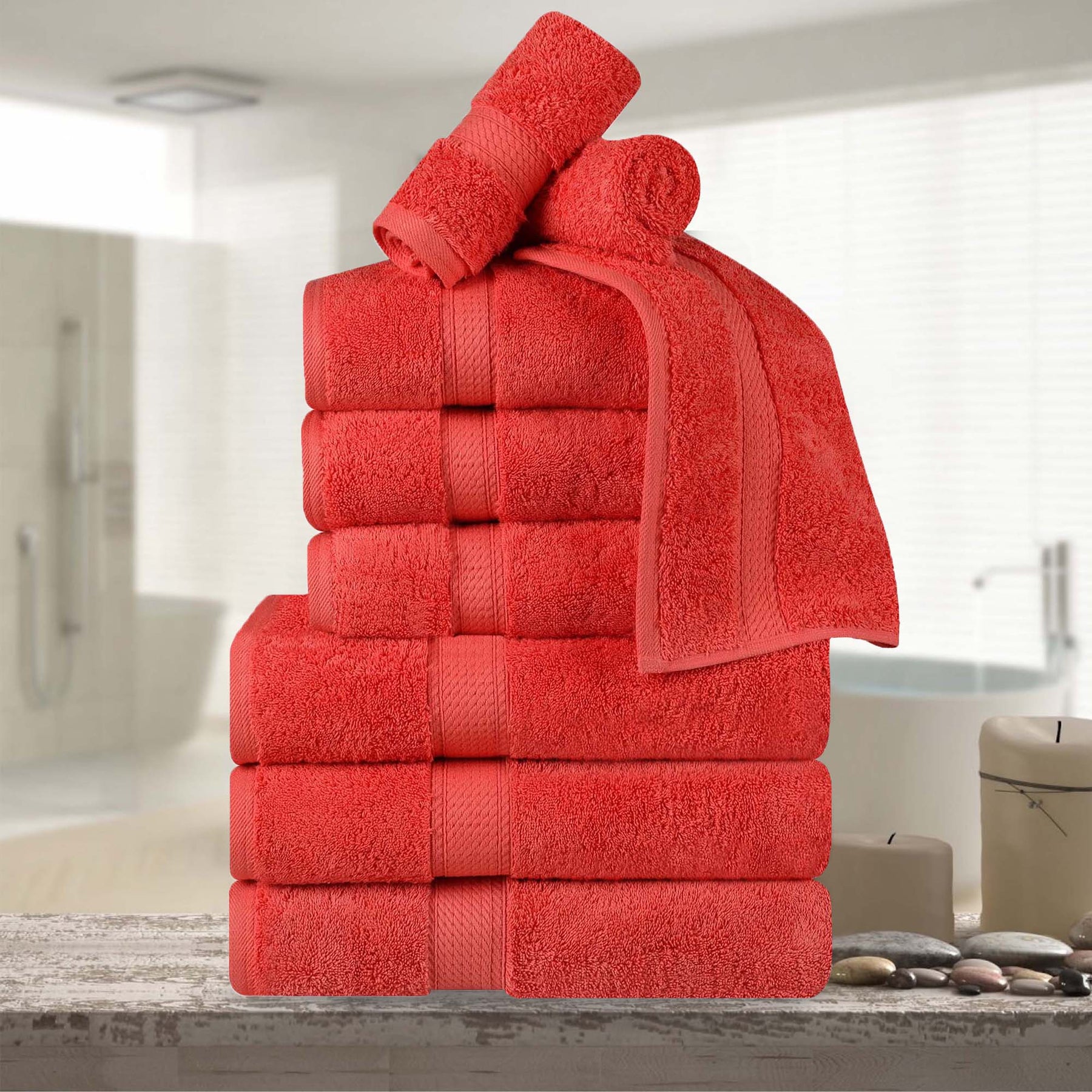 Superior Egyptian Cotton Plush Heavyweight Absorbent Luxury Soft 9-Piece Towel Set - Coral