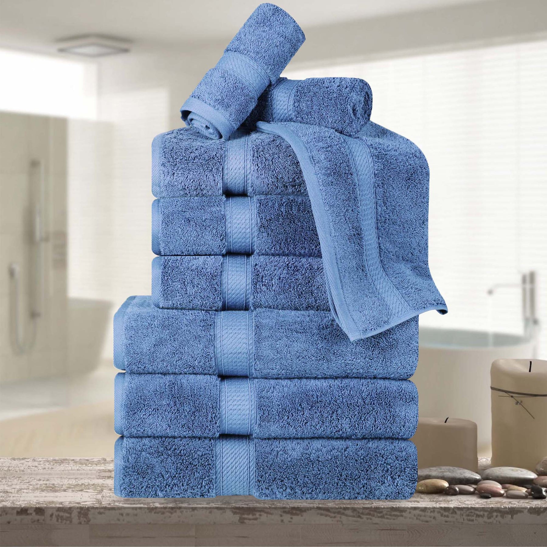 Superior Egyptian Cotton Plush Heavyweight Absorbent Luxury Soft 9-Piece Towel Set -Denim Blue