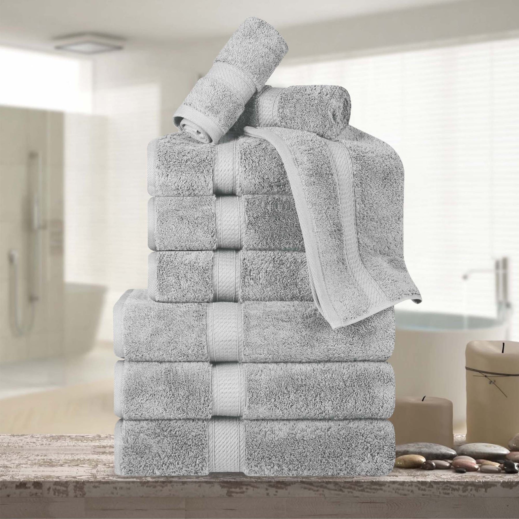 Superior Egyptian Cotton Plush Heavyweight Absorbent Luxury Soft 9-Piece Towel Set - Silver