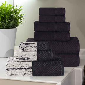 Lodie Cotton Jacquard Solid and Two-Toned 9 Piece Assorted Towel Set - Black-Ivory