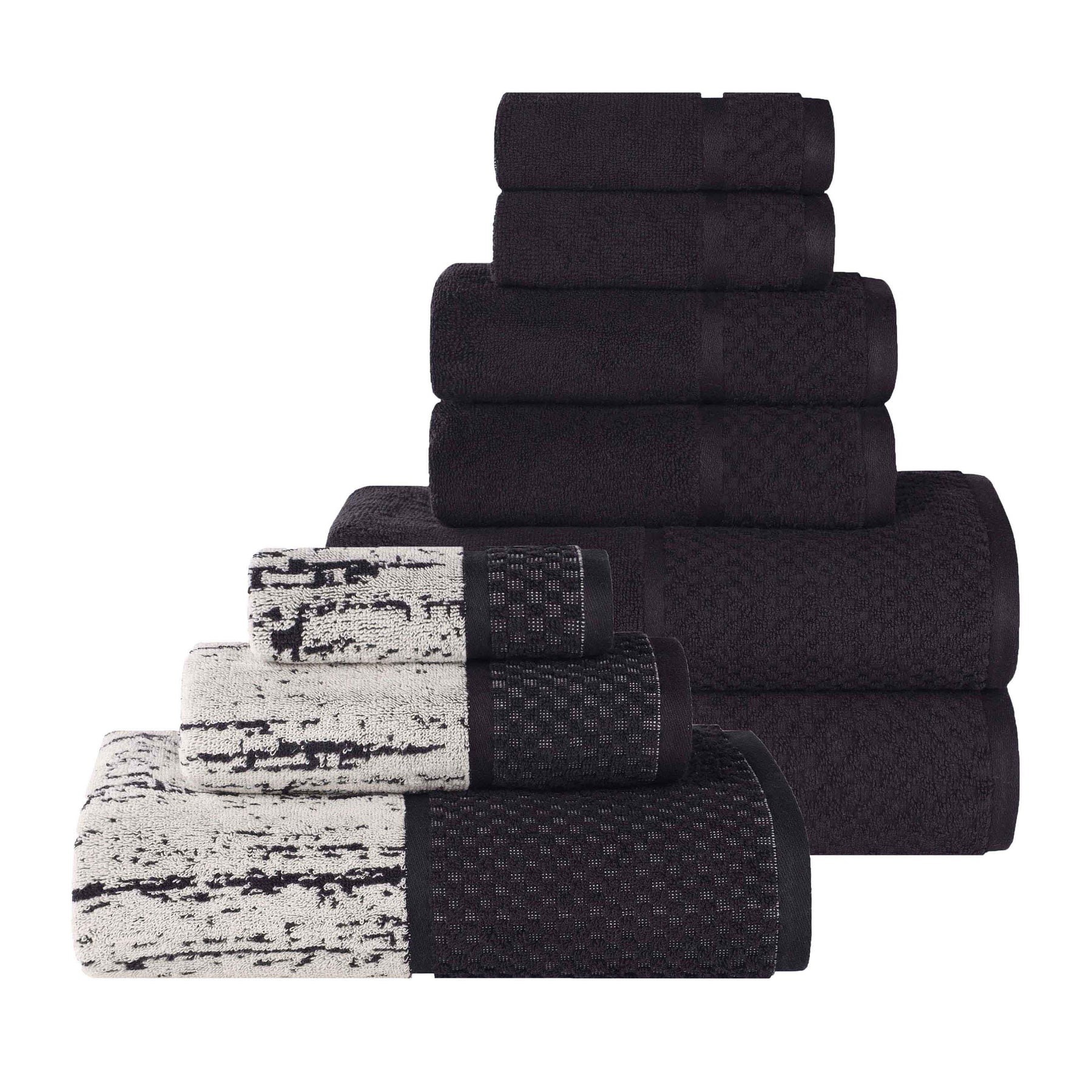 Lodie Cotton Jacquard Solid and Two-Toned 9 Piece Assorted Towel Set - Black-Ivory