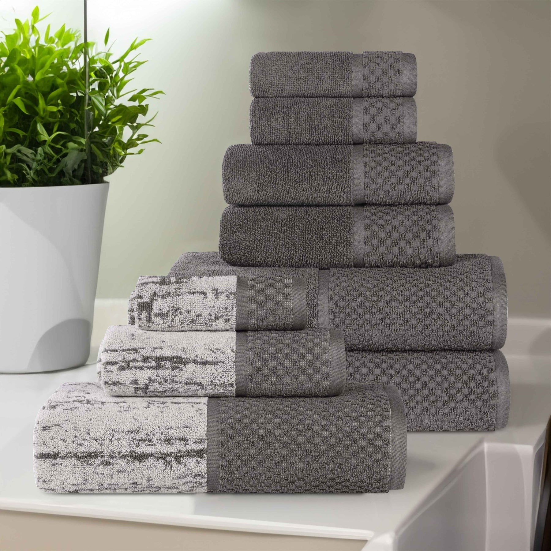 Lodie Cotton Jacquard Solid and Two-Toned 9 Piece Assorted Towel Set - Charcoal-Silver