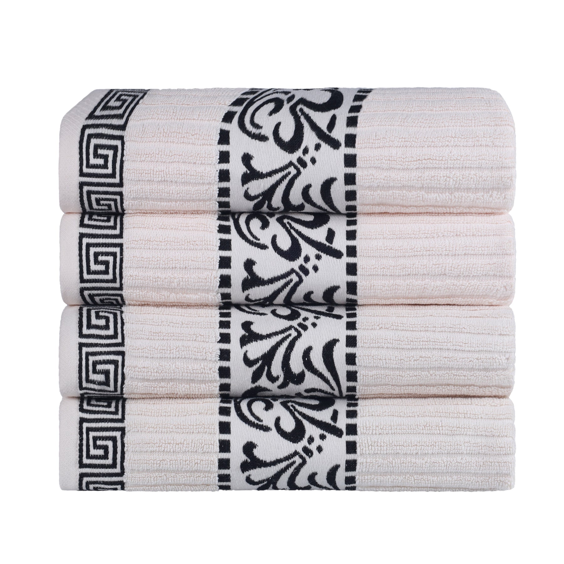 Superior Athens Cotton 4-Piece Bath Towel Set with Greek Scroll and Floral Pattern - Ivory-Black